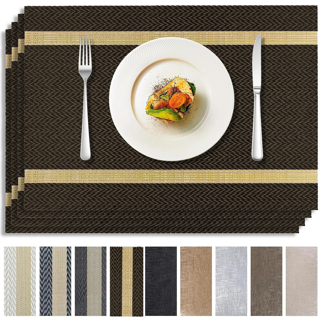 Brown Placemats Set of 4, Rustic Washable PVC Vinyl Woven for Dining Table, Stain Resistant Flat Pack No Curled Edges, Heat Resistant Non Slip, 17 x 12 Inch