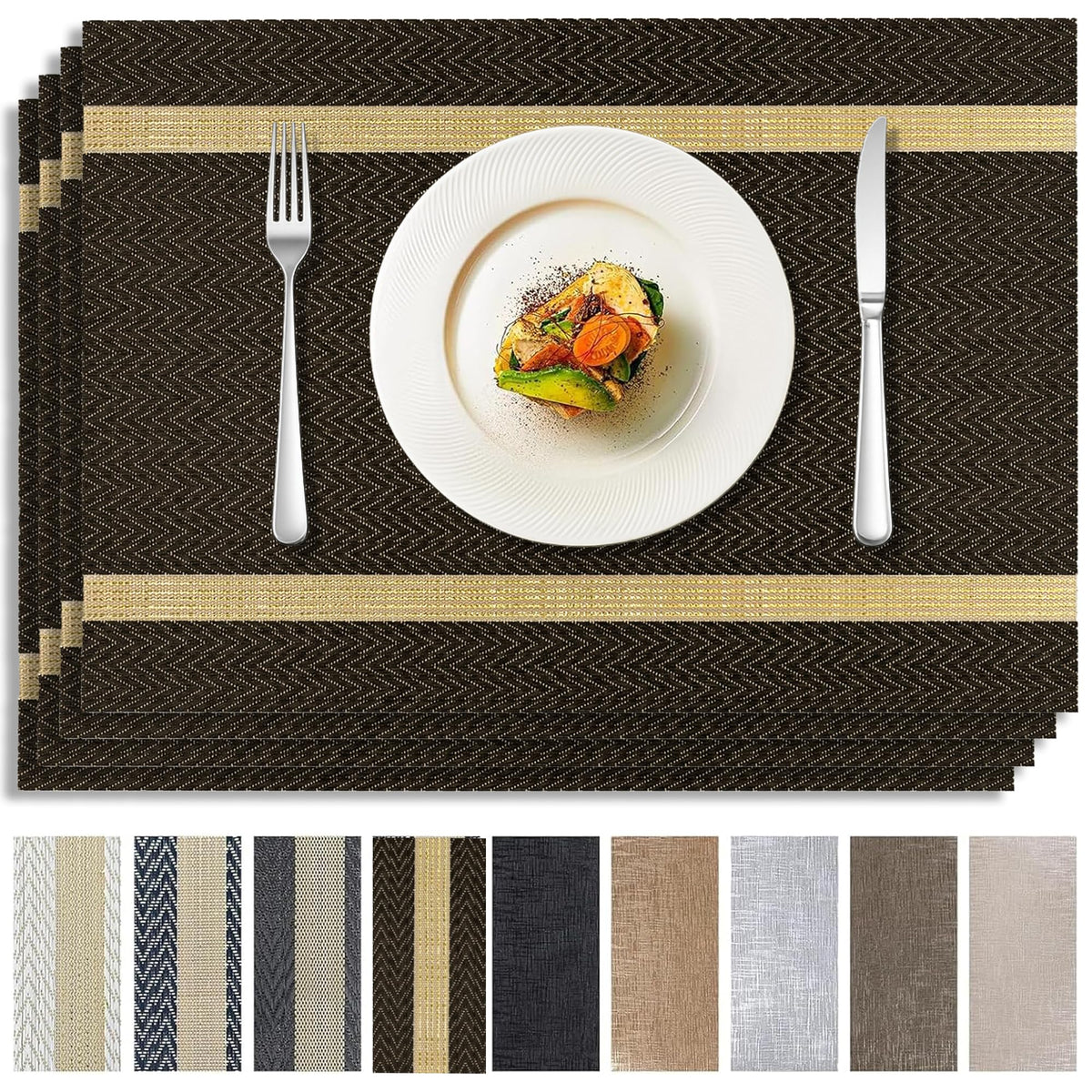 Brown Placemats Set of 4, Rustic Washable PVC Vinyl Woven for Dining Table, Stain Resistant Flat Pack No Curled Edges, Heat Resistant Non Slip, 17 x 12 Inch