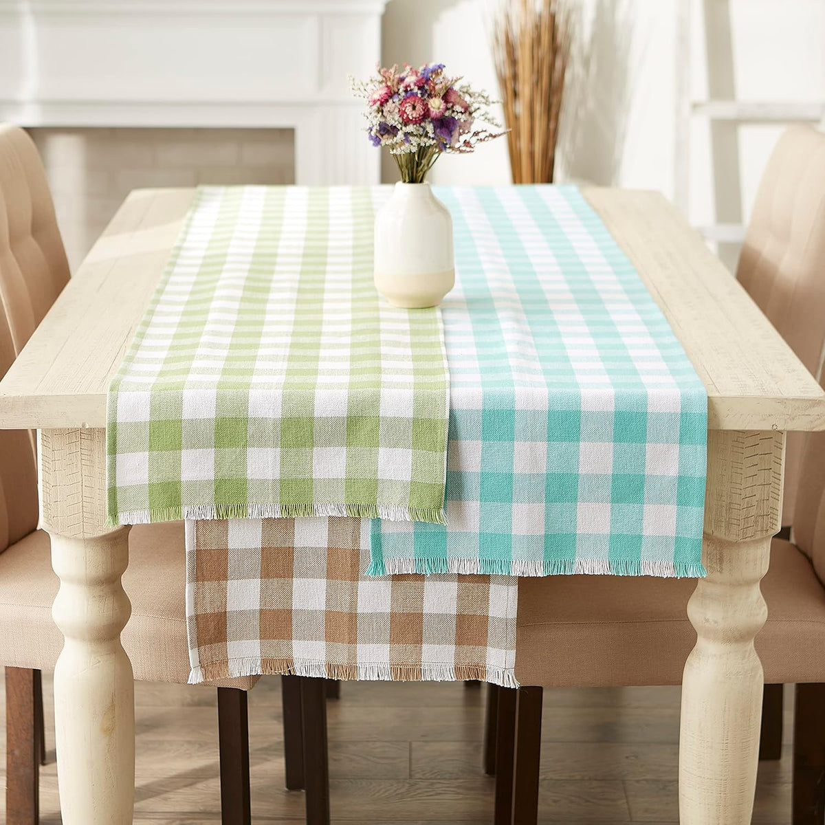 DII Fringed Check Tabletop, Table Runner, 14x72, Stone Brown