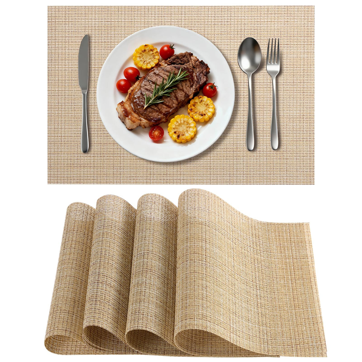 Timeet Placemats Set of 6, Heat Resistant Non-Slip Place Mats, Durable Washable PVC Vinyl Woven Table Mats, Linen Textured Table Placemats for Dining Kitchen Resistant Easy to Clean(Brown)