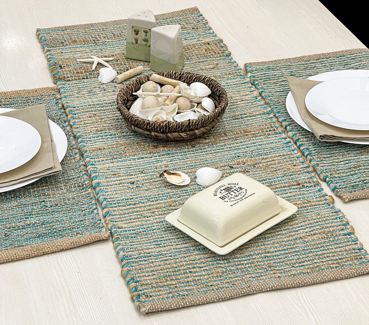 Chardin home Natural Jute Table Runner 13x108 Inch – Vintage Boho Rustic Table Decor – Handwoven Long Table Runner in Natural Jute and Black – Farmhouse Dining or Console Table Accent