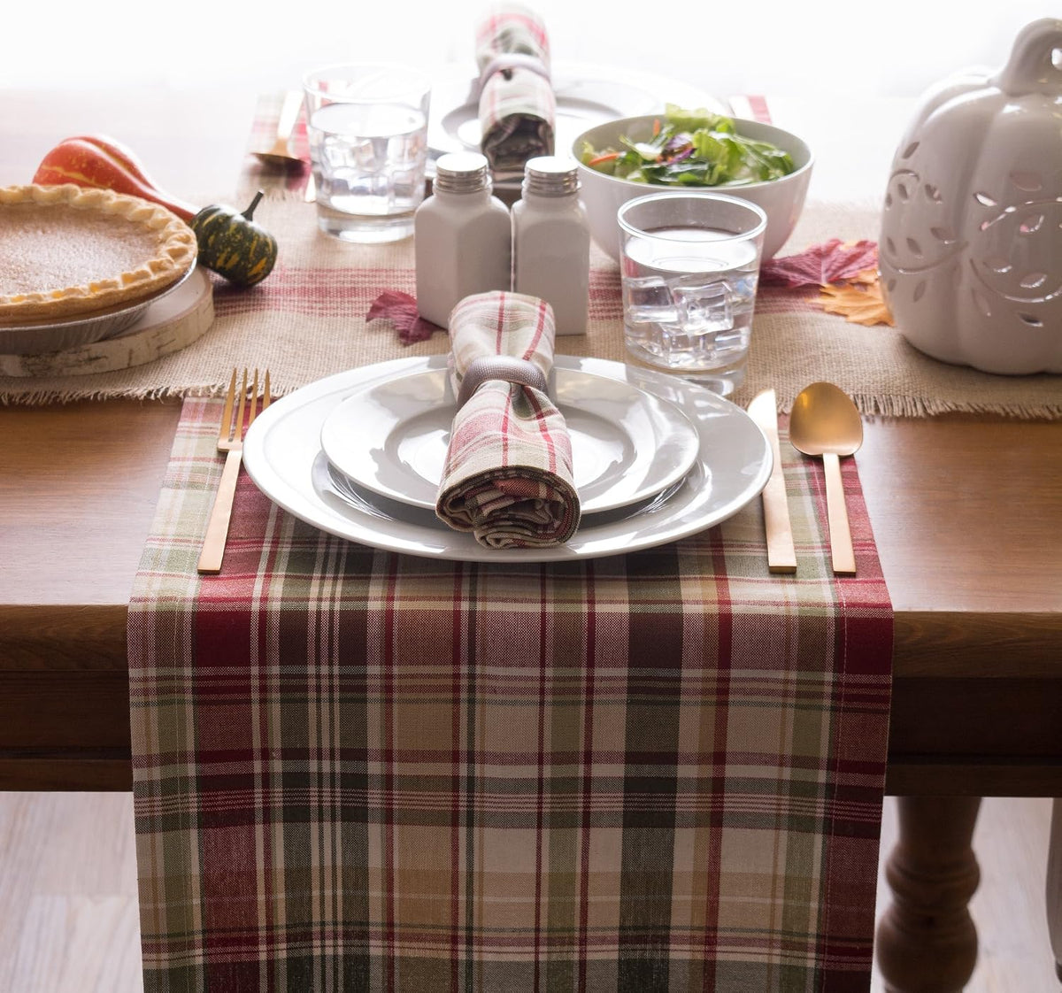 DII Give Thanks Plaid Fall Table Decor, Autumn & Thanksgiving Tabletop Linens, 14x108 Table Runner