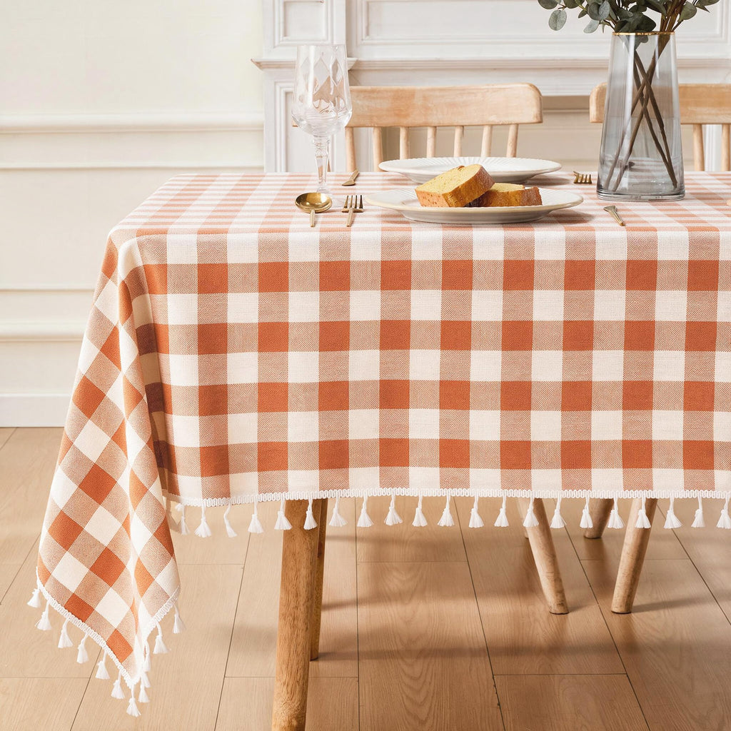 JIALE Gingham Tablecloth Rectangle Cotton Linen Fabric Checkered Table Cloth with Tassel Washable Wrinkle Free Buffalo Plaid Table Cover for Birthday Party Picnic Outdoor, Pink, 55x75