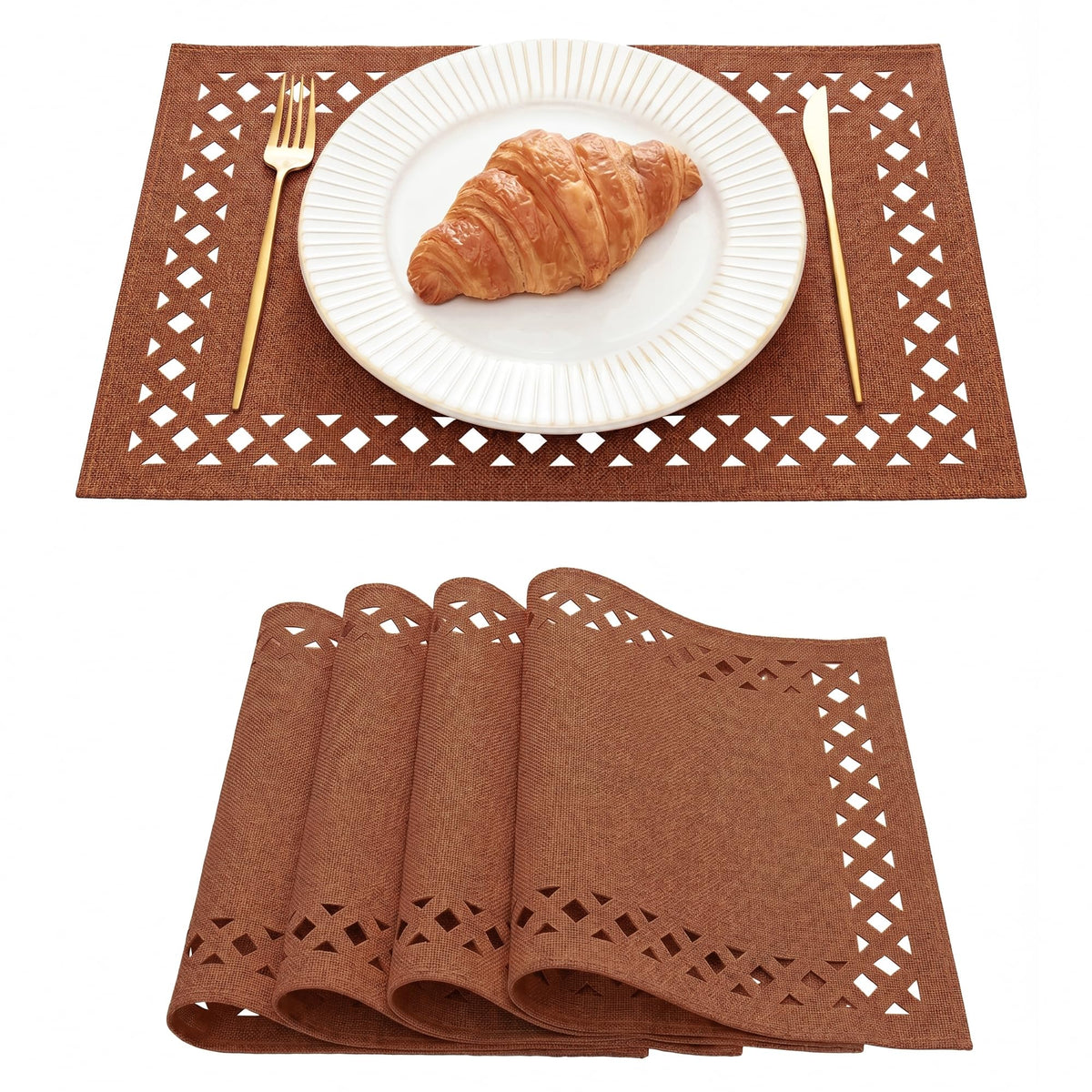 Artoid Mode Farmhouse Placemats Set of 4, Linen Textured Lattice Cutwork Place Mats for Kitchen Dining Table Decor and Outdoor Party, 12 x 18 Inchs, Yellow