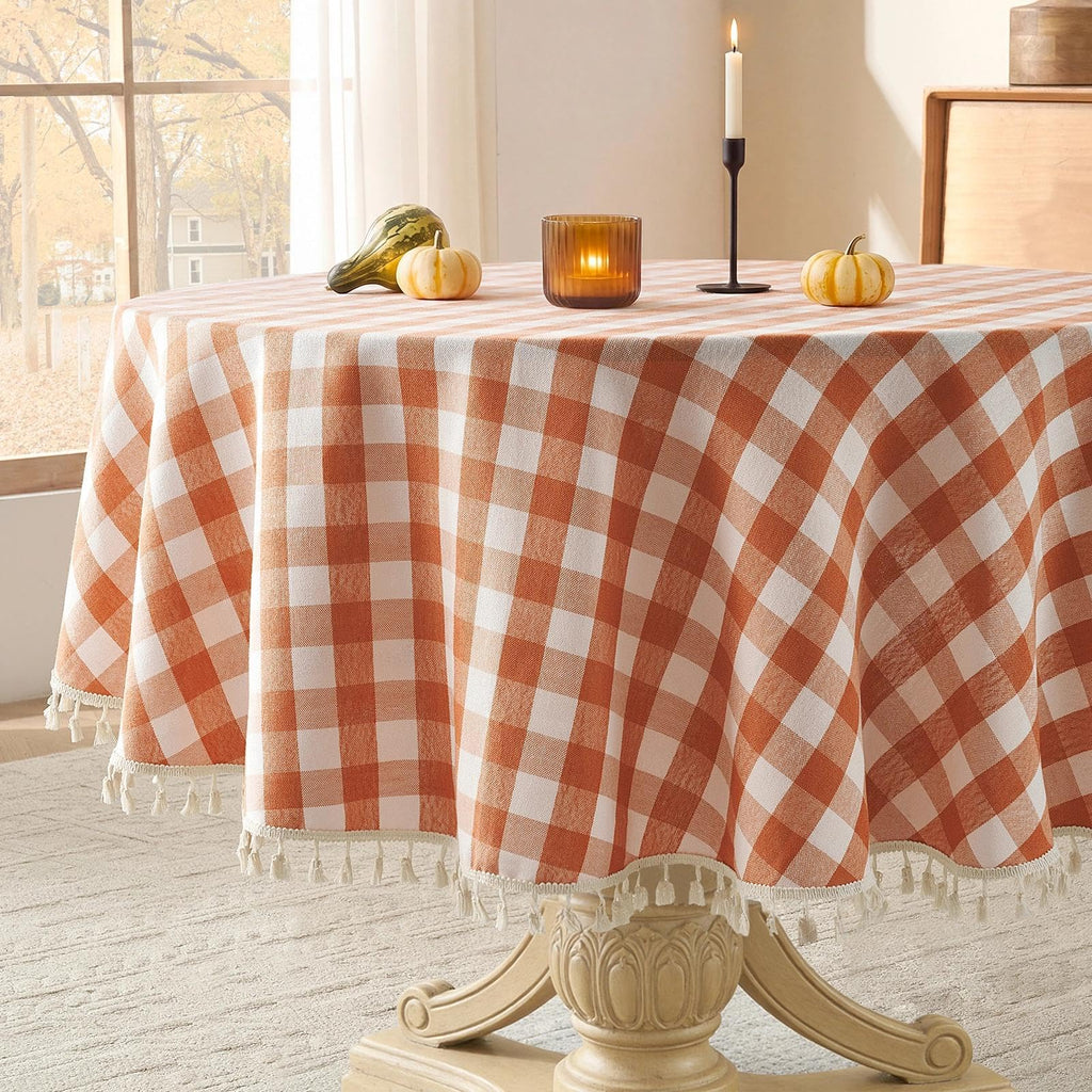 Softalker Fall Gingham Rectangle Tablecloth with Tassel, Orange, 55" x 84"