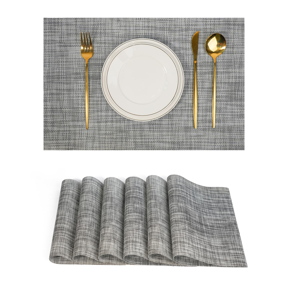 Placemats Set of 6，Non-Slip PVC Weave Table Mats Easy to Clean，Heat Resistant Place Mats for Kitchen Dining Table Decoration Indoor Outdoor，Black Gray