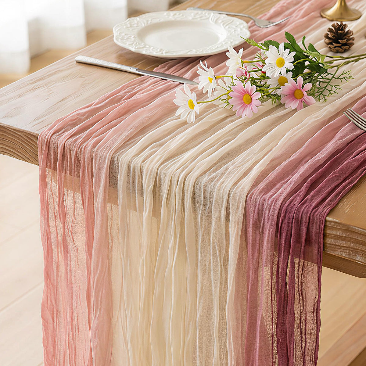 FEXIA Beige Cheesecloth Table Runner Gauze Rustic Boho Party Decoration