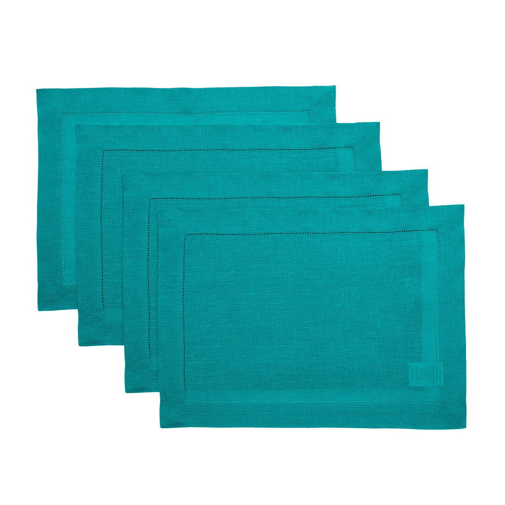 Solino Home 100% Pure Linen Placemats Green Hemstitch, 14 x 19 in, Set of 4