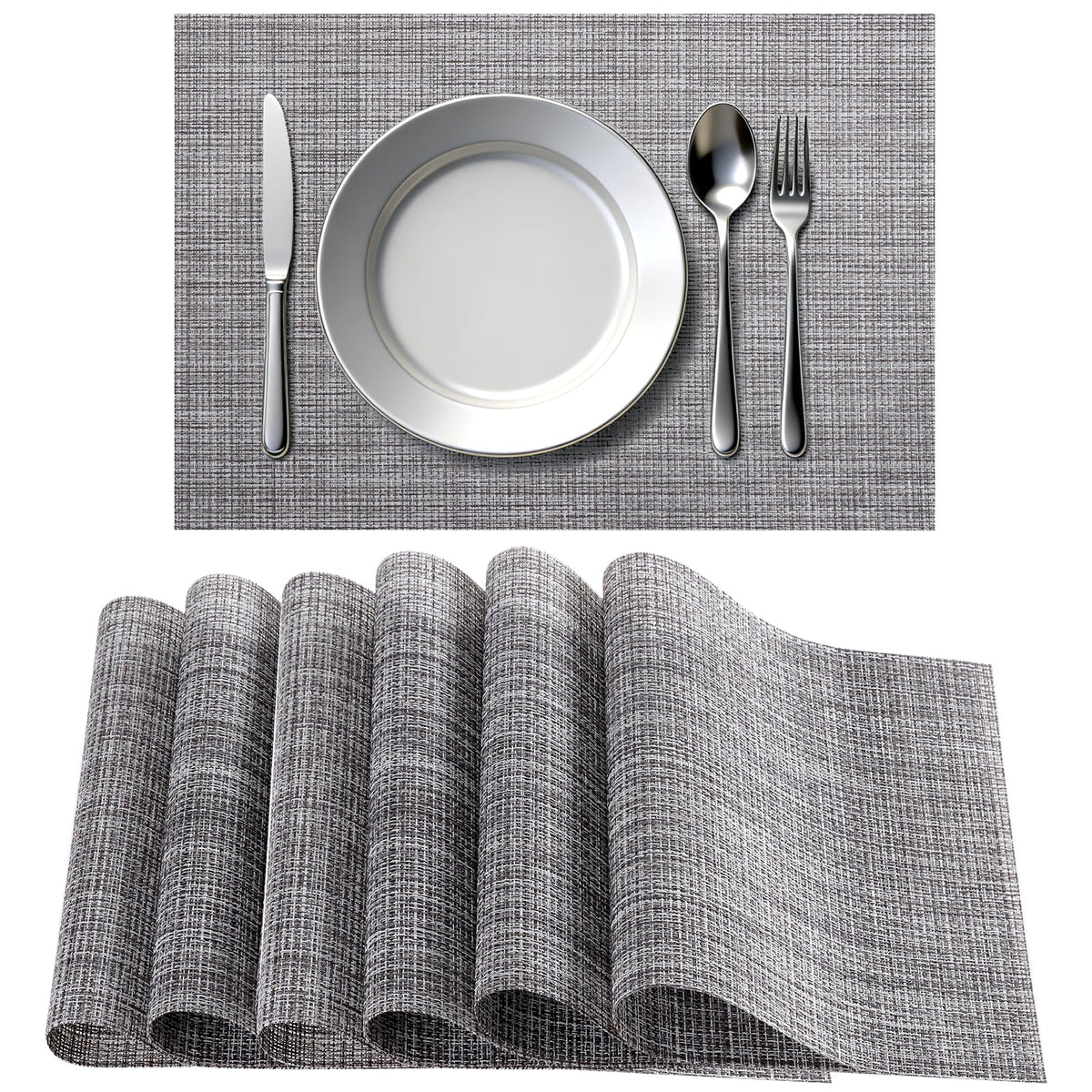 Timeet Placemats Set of 6, Heat Resistant Non-Slip Place Mats, Durable Washable PVC Vinyl Woven Table Mats, Linen Textured Table Placemats for Dining Kitchen Resistant Easy to Clean(Brown)