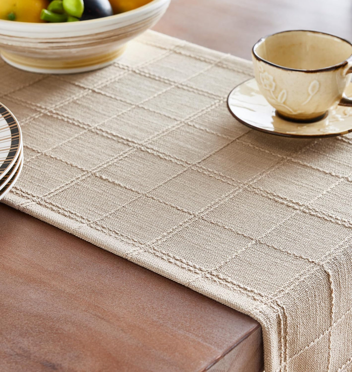 ZeeMart Linen Checked Farmhouse Table Runner, 13x72 Inches Neutral Beige