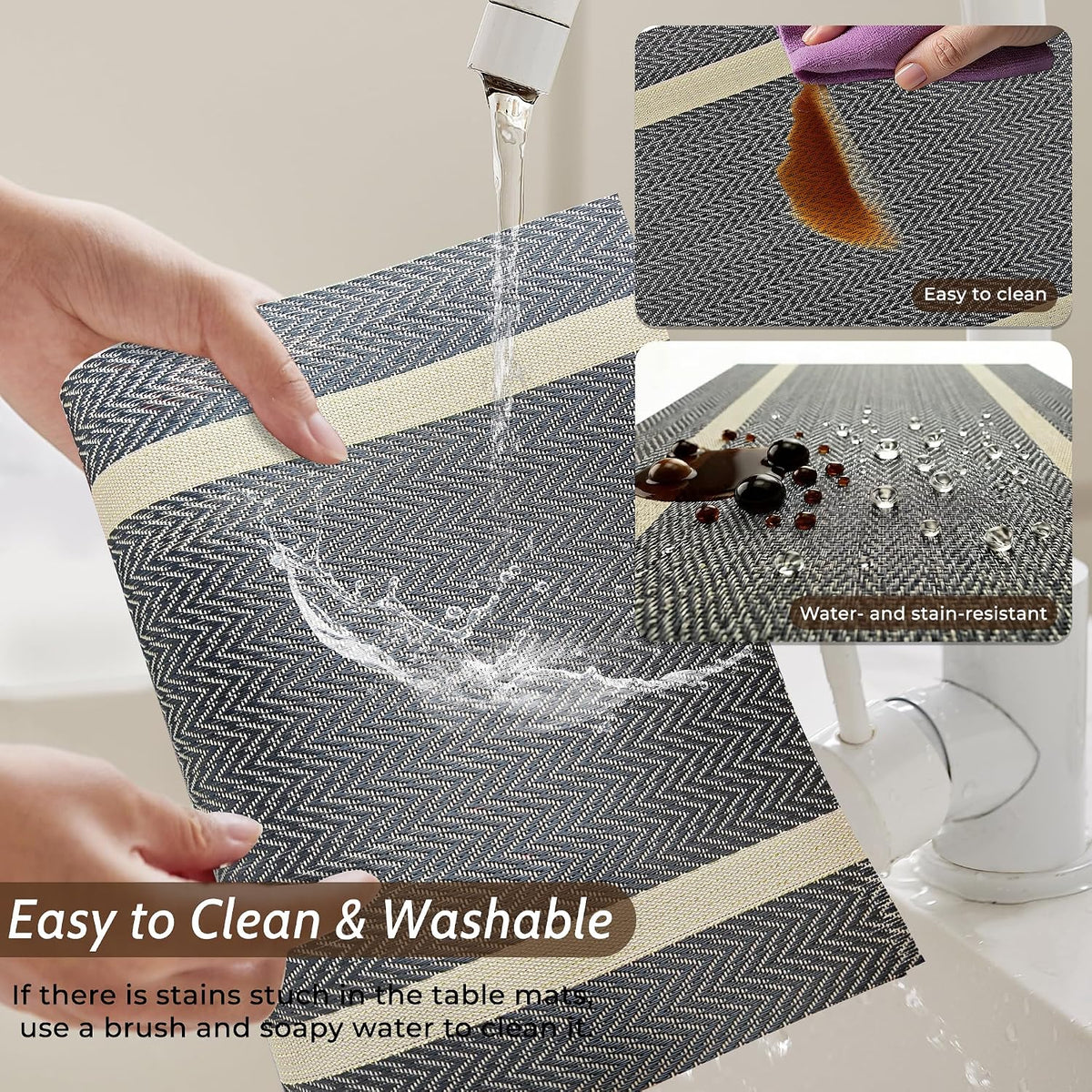 Brown Placemats Set of 4, Rustic Washable PVC Vinyl Woven for Dining Table, Stain Resistant Flat Pack No Curled Edges, Heat Resistant Non Slip, 17 x 12 Inch