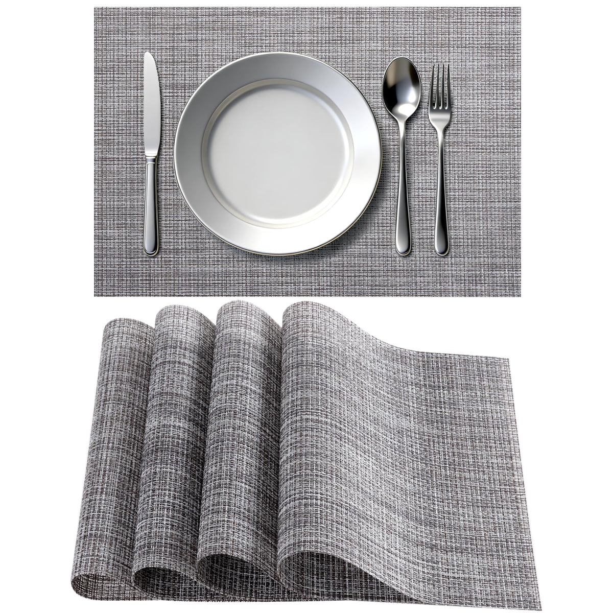 Timeet Placemats Set of 6, Heat Resistant Non-Slip Place Mats, Durable Washable PVC Vinyl Woven Table Mats, Linen Textured Table Placemats for Dining Kitchen Resistant Easy to Clean(Brown)