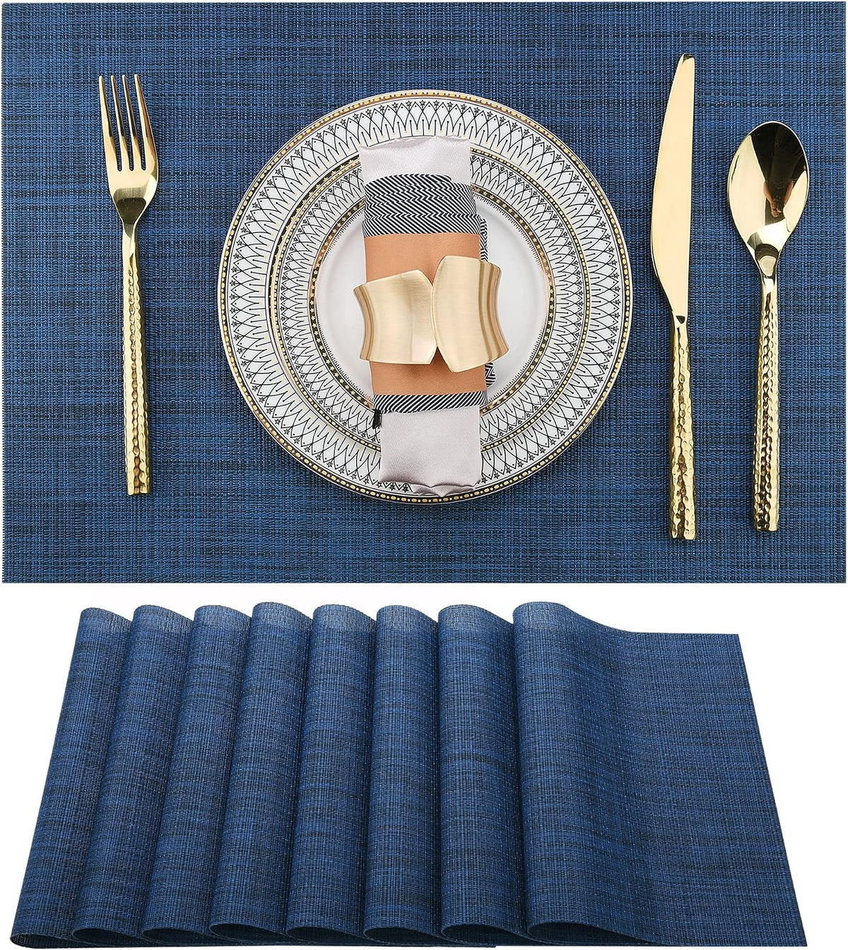 SLKQG Navy Blue Placemats Set of 8 - Easy Clean Washable Vinyl Placemats - Wipeable Heat Resistant Table Mats for Dining Table - 17x12 Inch (Navy Blue, 8)