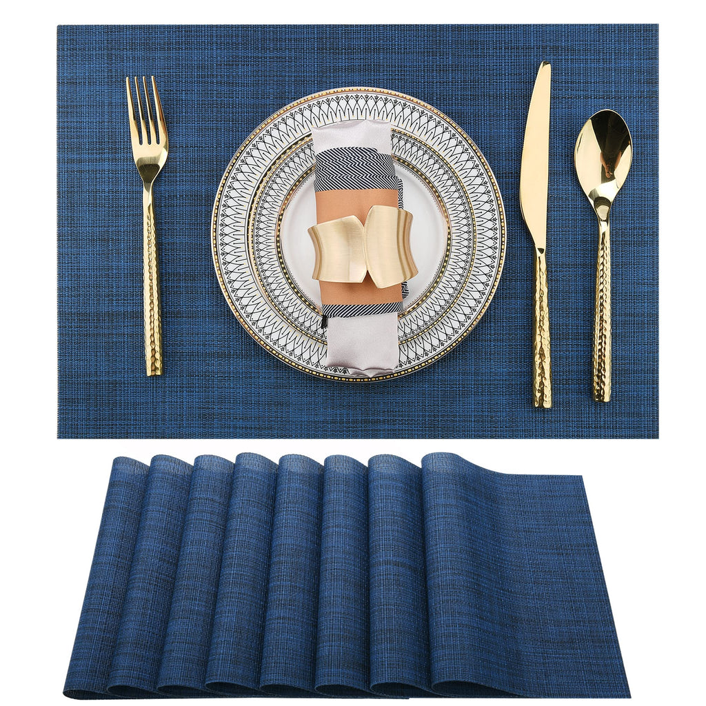 SLKQG Navy Blue Placemats Set of 8 - Easy Clean Washable Vinyl Placemats - Wipeable Heat Resistant Table Mats for Dining Table - 17x12 Inch (Navy Blue, 8)