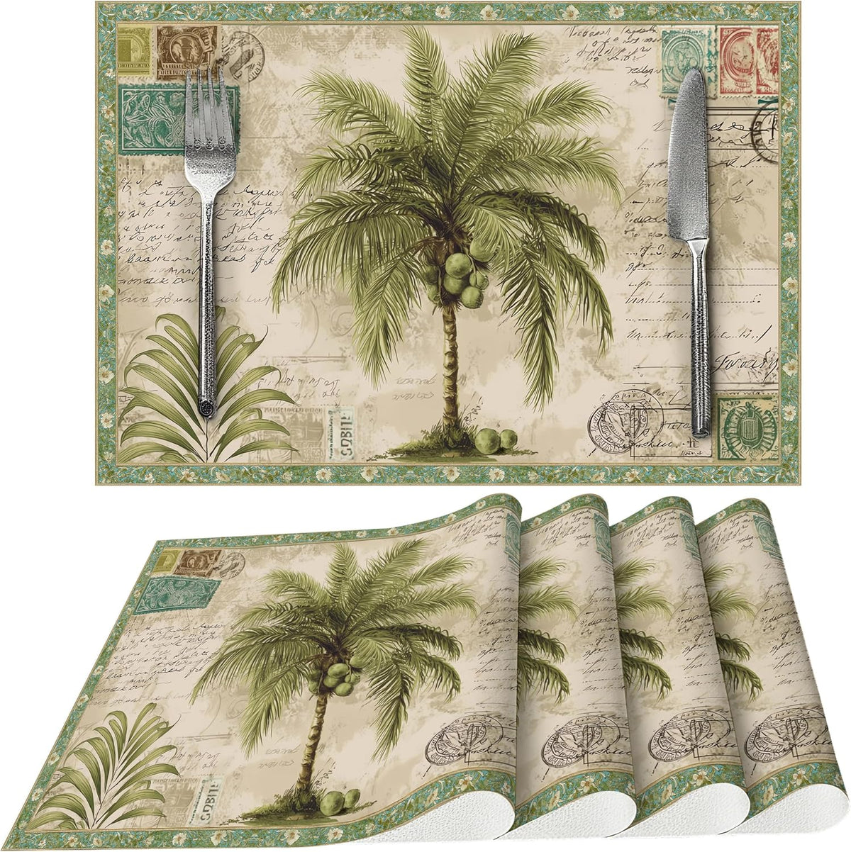 Tropical Palm Tree Placemats Set of 4 Washable Table Place Mats for Dining Kitchen Party Decor