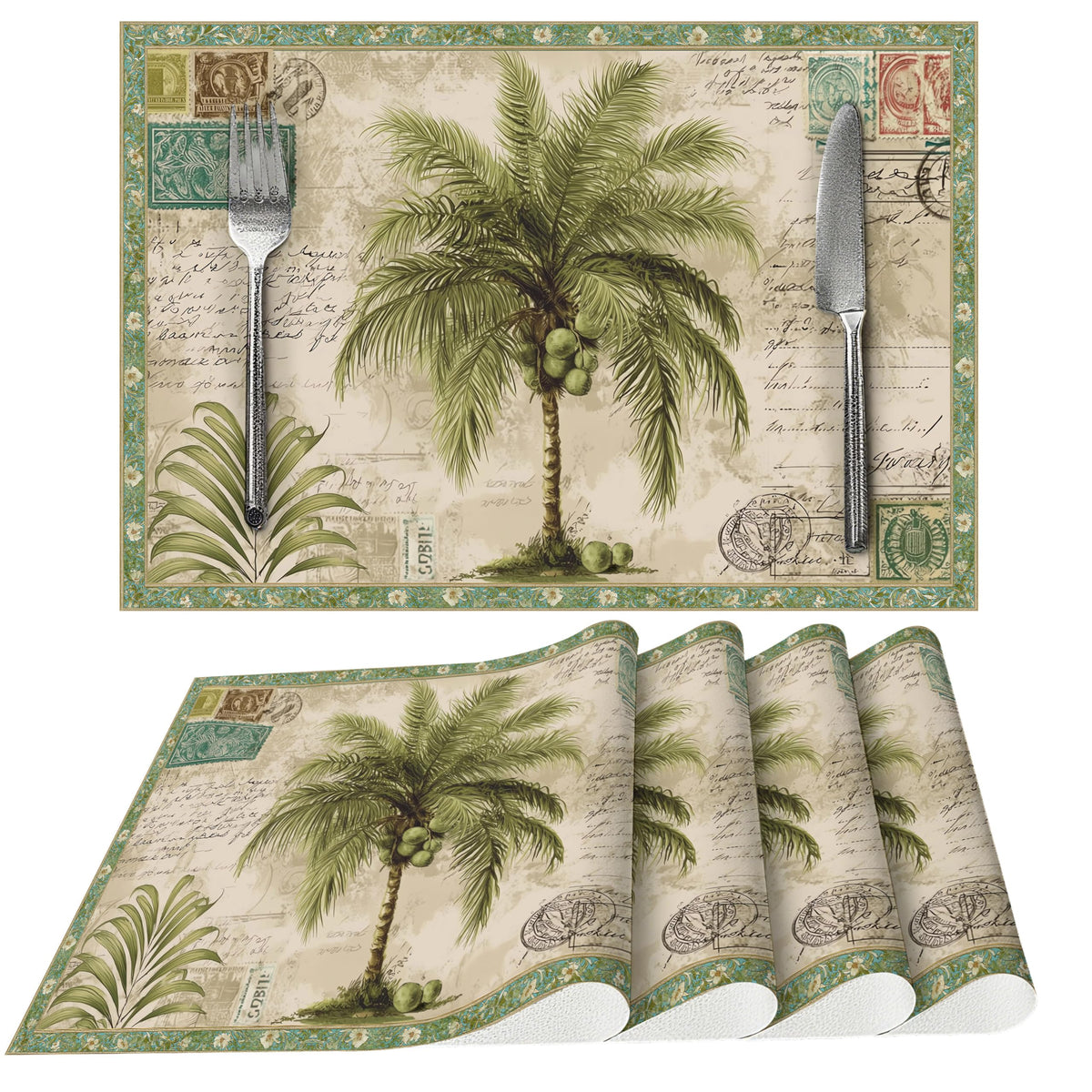 Tropical Palm Tree Placemats Set of 4 Washable Table Place Mats for Dining Kitchen Party Decor