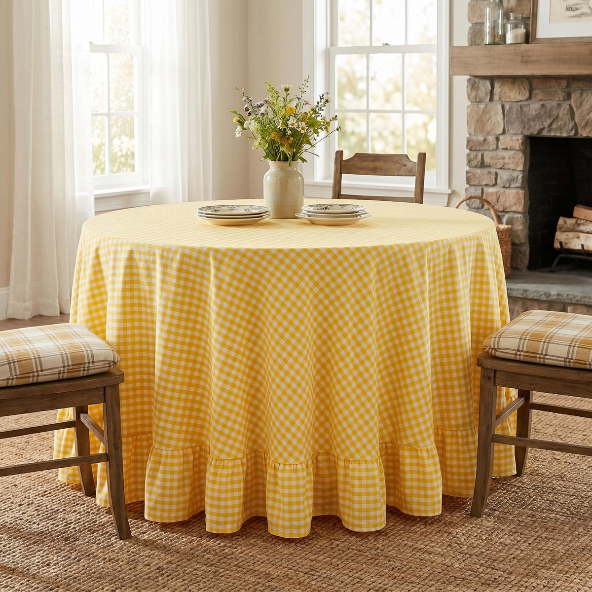 PartyDelight Gingham Ruffle Tablecloth Butter Yellow Washed Cotton Checkered Rectangular Table Cover for Farmhouse Kitchen Cute Cottagecore Birthday Party Decor, Soft Vintage (60x102 Fits 6-9 Seats)