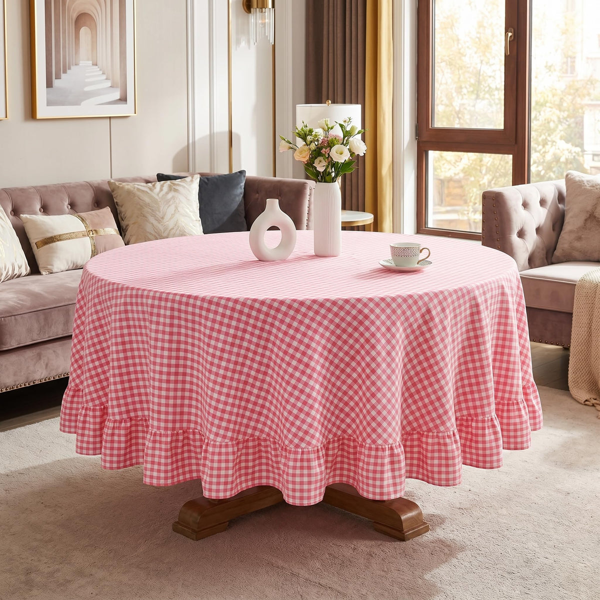 PartyDelight Gingham Ruffle Tablecloth Butter Yellow Washed Cotton Checkered Rectangular Table Cover for Farmhouse Kitchen Cute Cottagecore Birthday Party Decor, Soft Vintage (60x102 Fits 6-9 Seats)