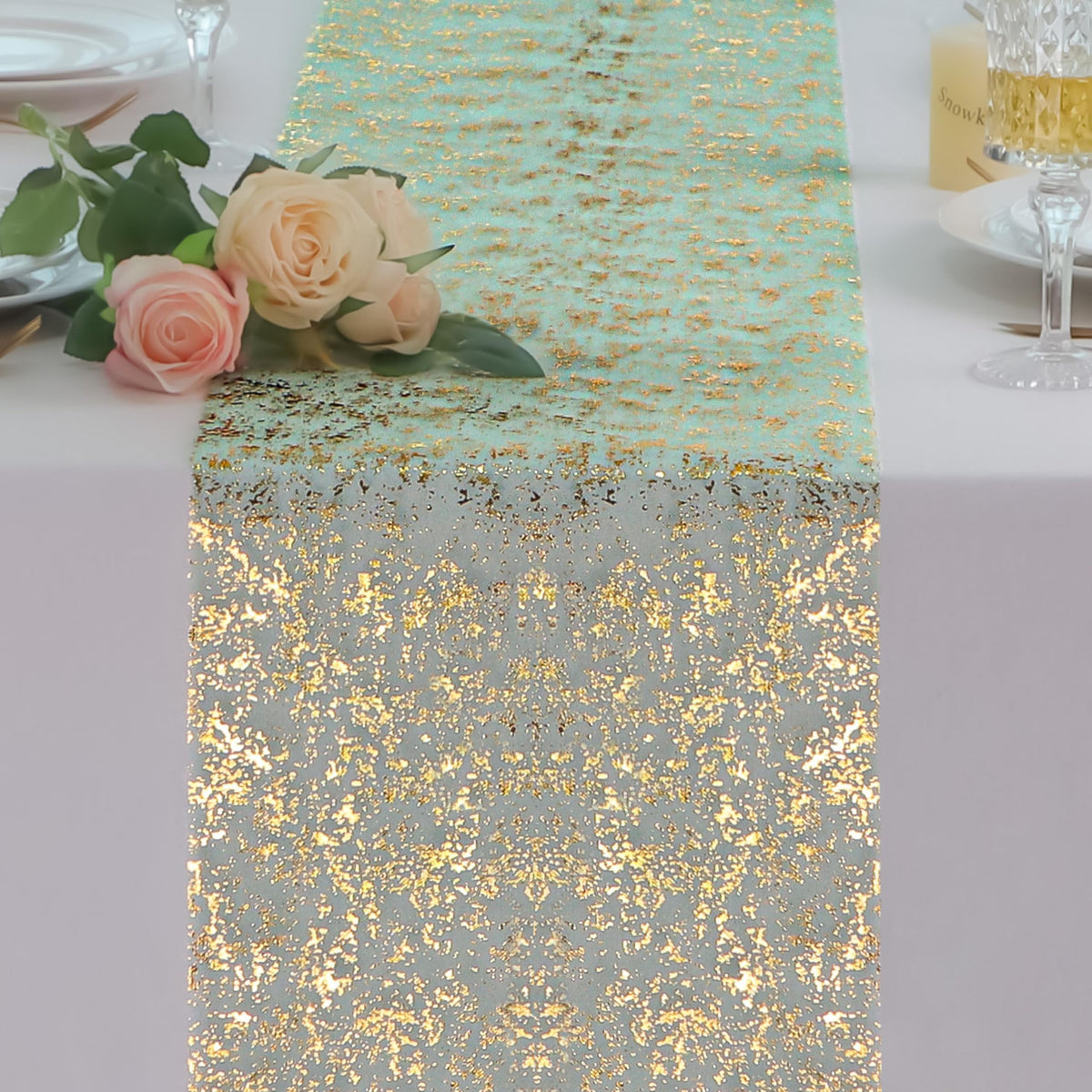 Snowkingdom 2 Pcs Gold Table Runner, Sequin Glitter Metallic Foil Thin Mesh Sparkly Runner Roll 11"x108", Gold Birthday Party Decorations, for Event Wedding Showers Christmas Thanksgiving Festive