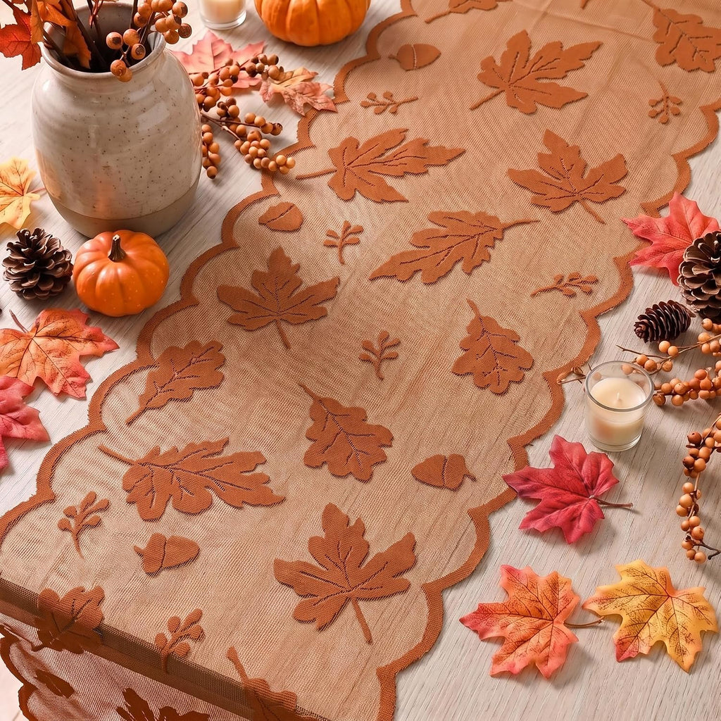 Artoid Mode Lace Jacquard Maple Leaf Fall Table Runner 13x72 Inch