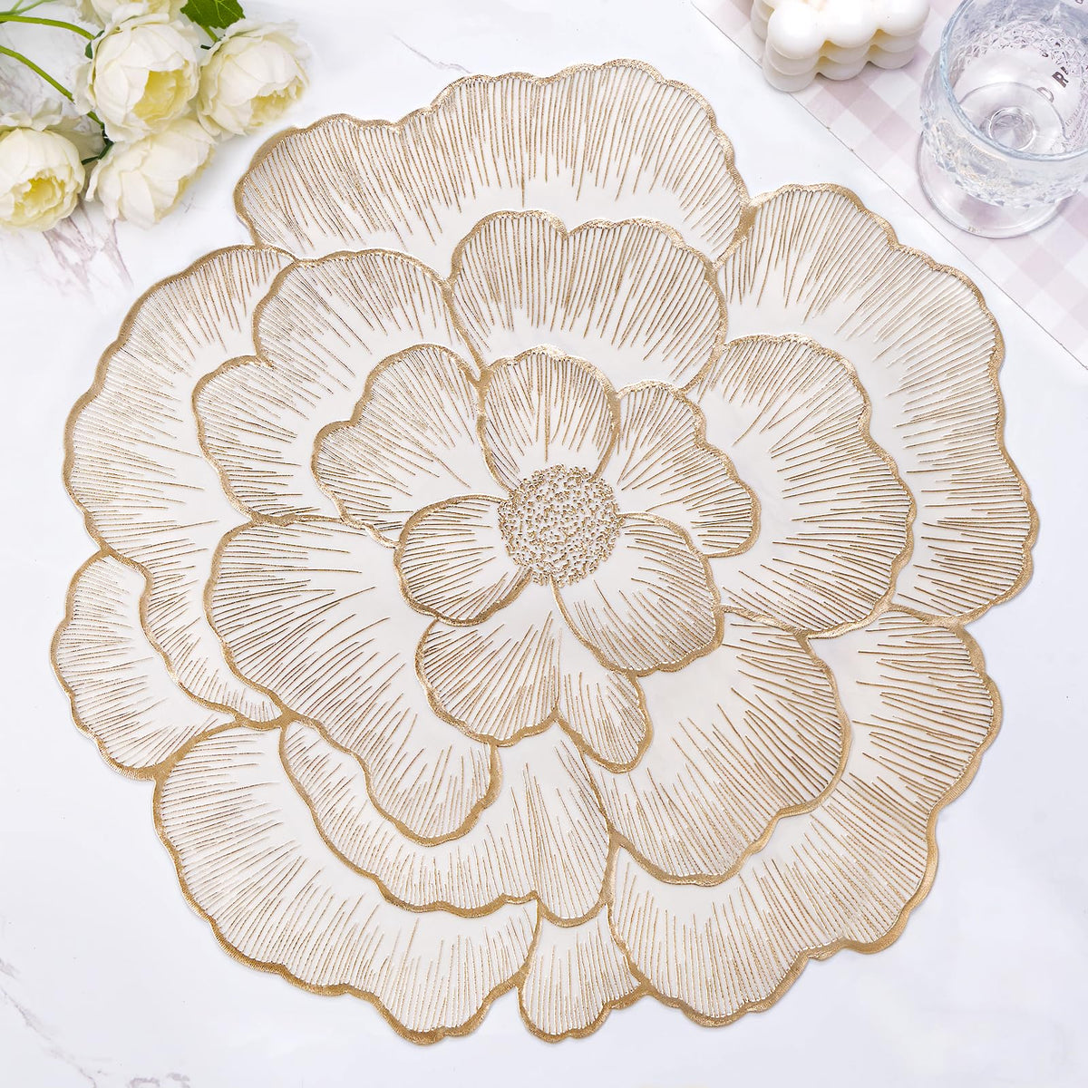 Placemats Set of 8, Gold Place Mats Pressed Rose Flowers Round Table Mats