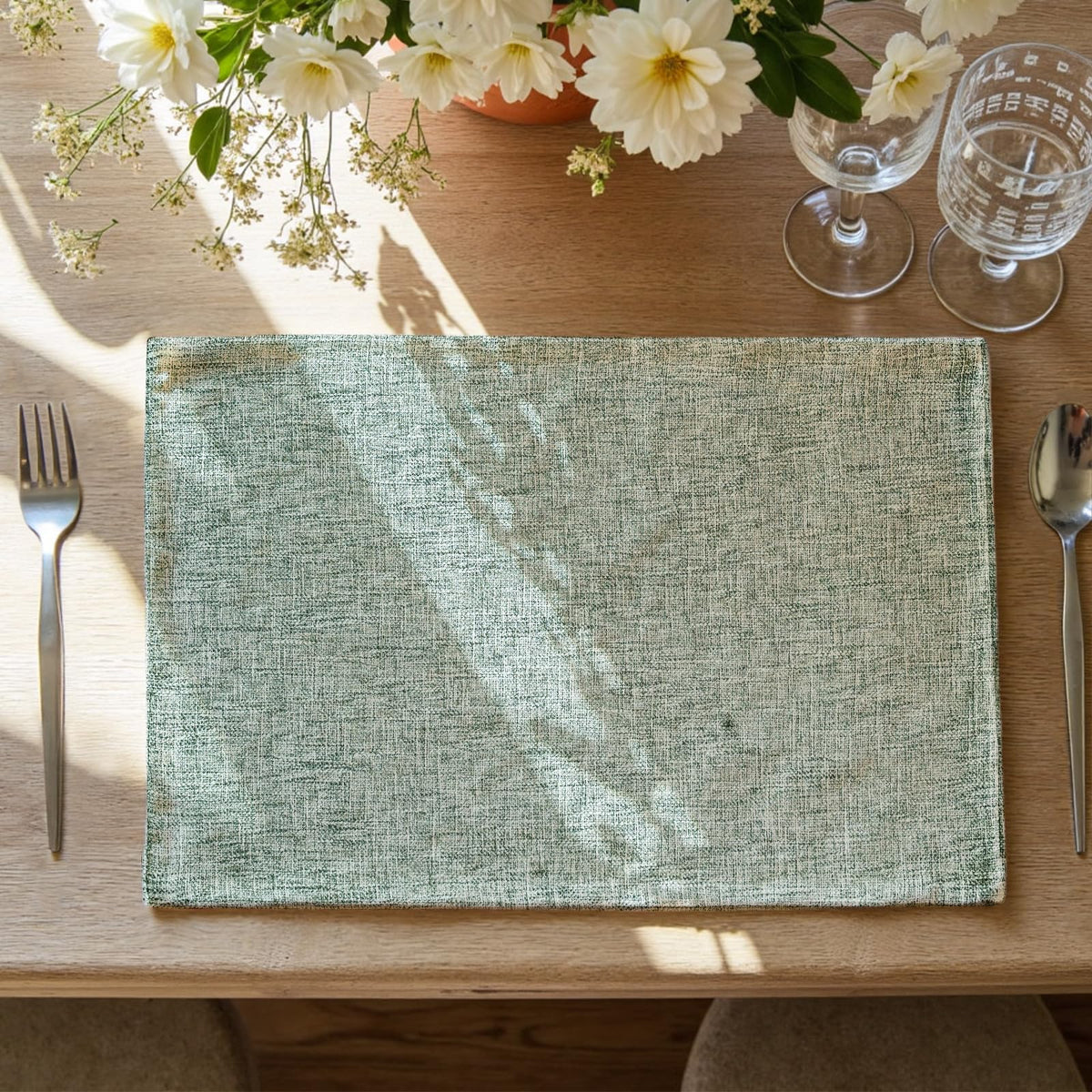 JINCHAN Linen Textured Placemats Set of 4 Farmhouse 13x19 Heathered Green