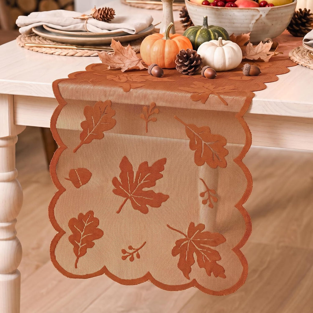 Artoid Mode Lace Jacquard Maple Leaf Fall Table Runner 13x72 Inch