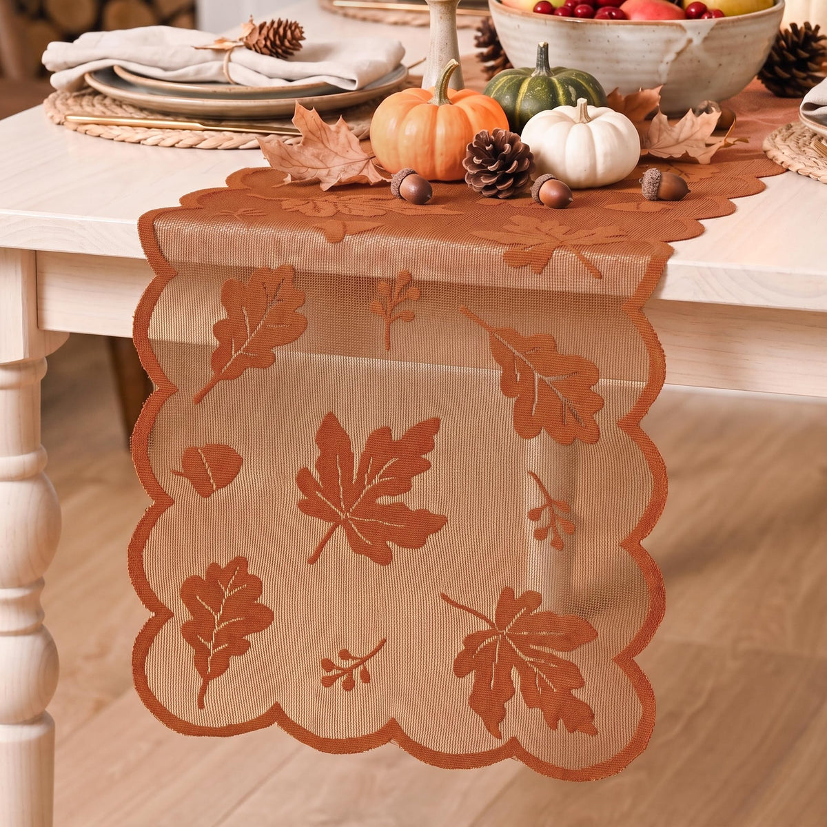 Artoid Mode Lace Jacquard Maple Leaf Fall Table Runner 13x72 Inch