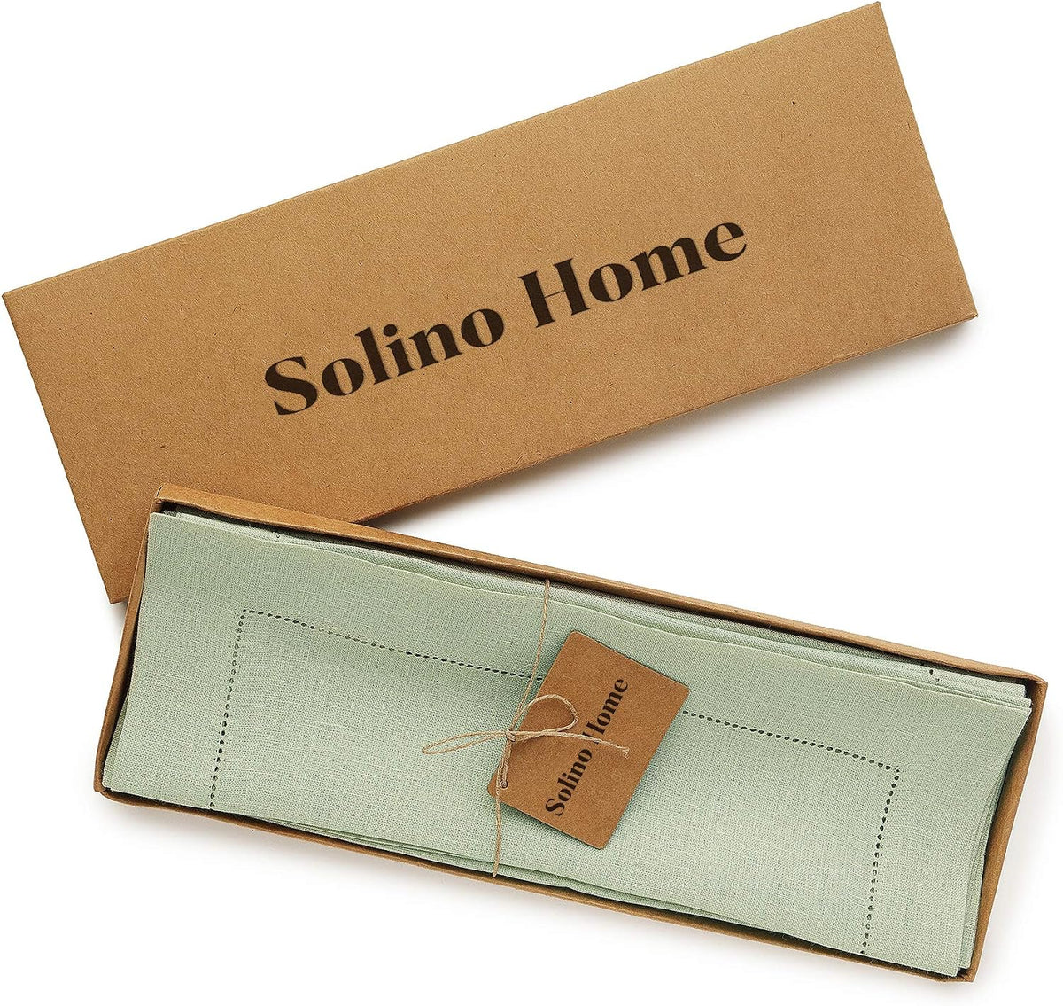 Solino Home 100% Pure Linen Placemats Green Hemstitch, 14 x 19 in, Set of 4