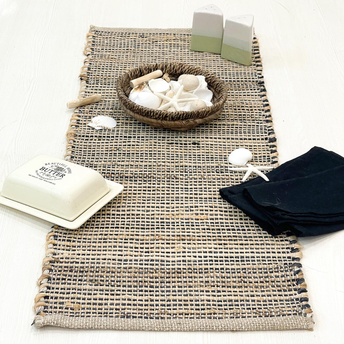 Chardin home Natural Jute Table Runner 13x108 Inch – Vintage Boho Rustic Table Decor – Handwoven Long Table Runner in Natural Jute and Black – Farmhouse Dining or Console Table Accent