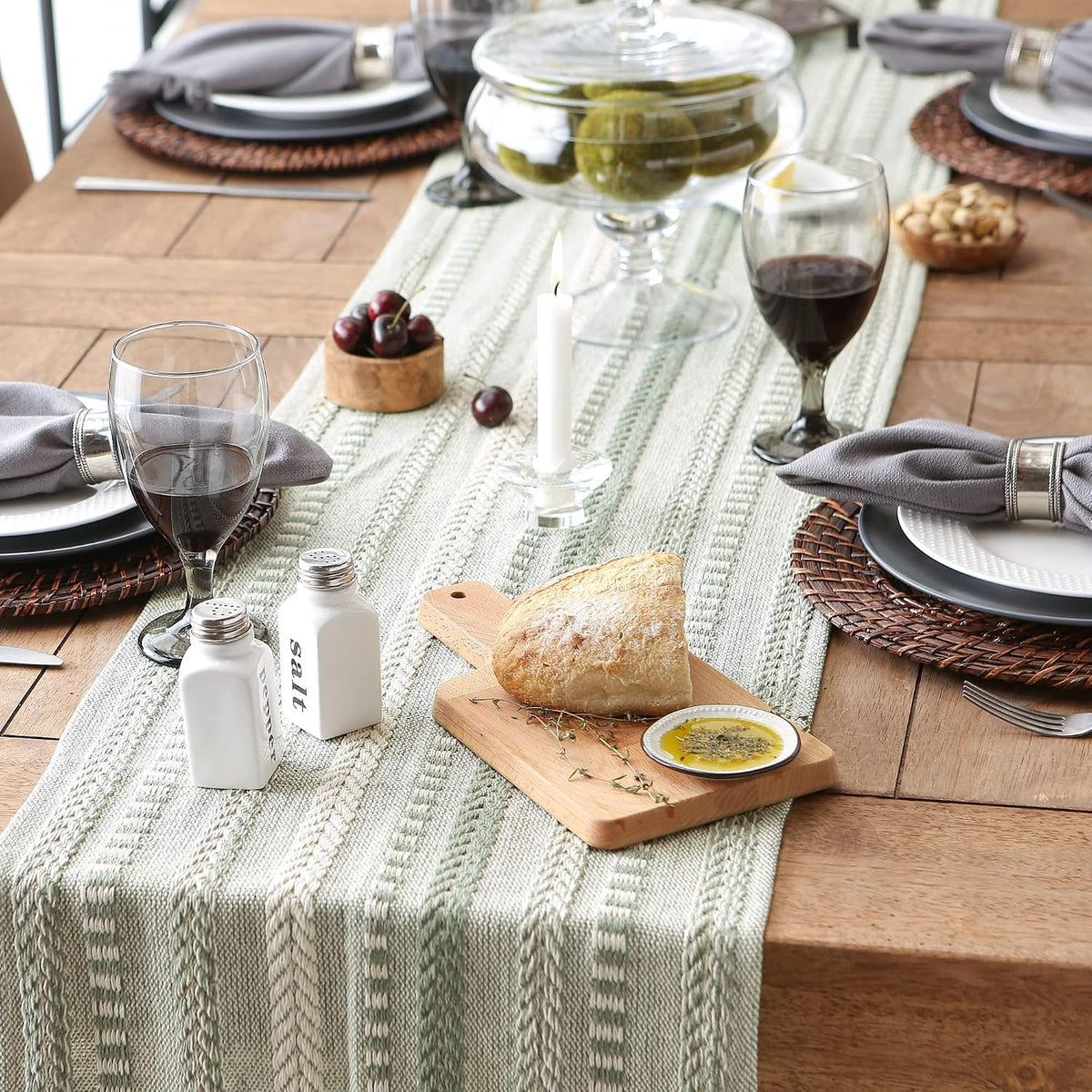 DII Braided Stripe Table Runner, 15x72 with 2.5" Fringe, Artichoke Green