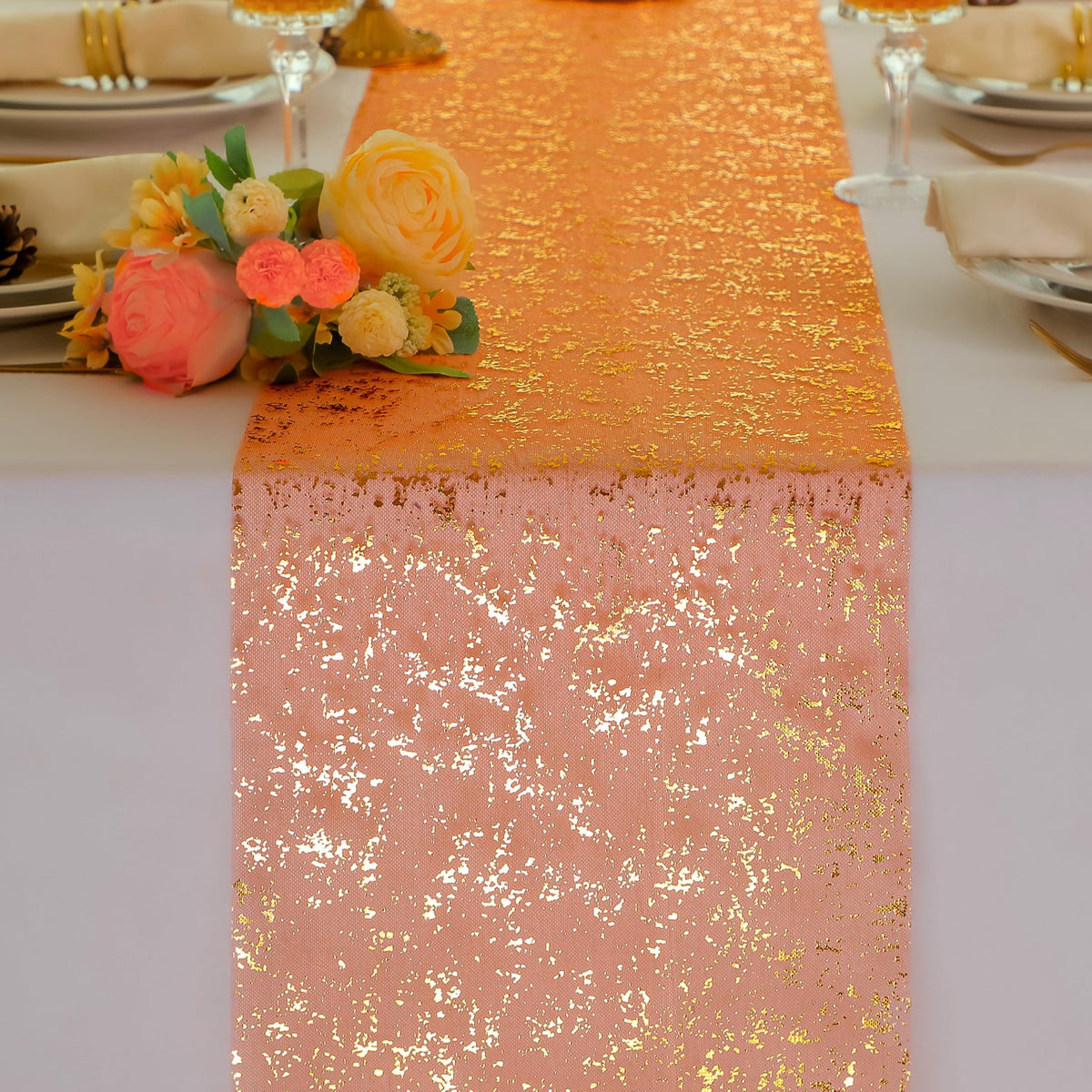 Snowkingdom 2 Pcs Gold Table Runner, Sequin Glitter Metallic Foil Thin Mesh Sparkly Runner Roll 11"x108", Gold Birthday Party Decorations, for Event Wedding Showers Christmas Thanksgiving Festive