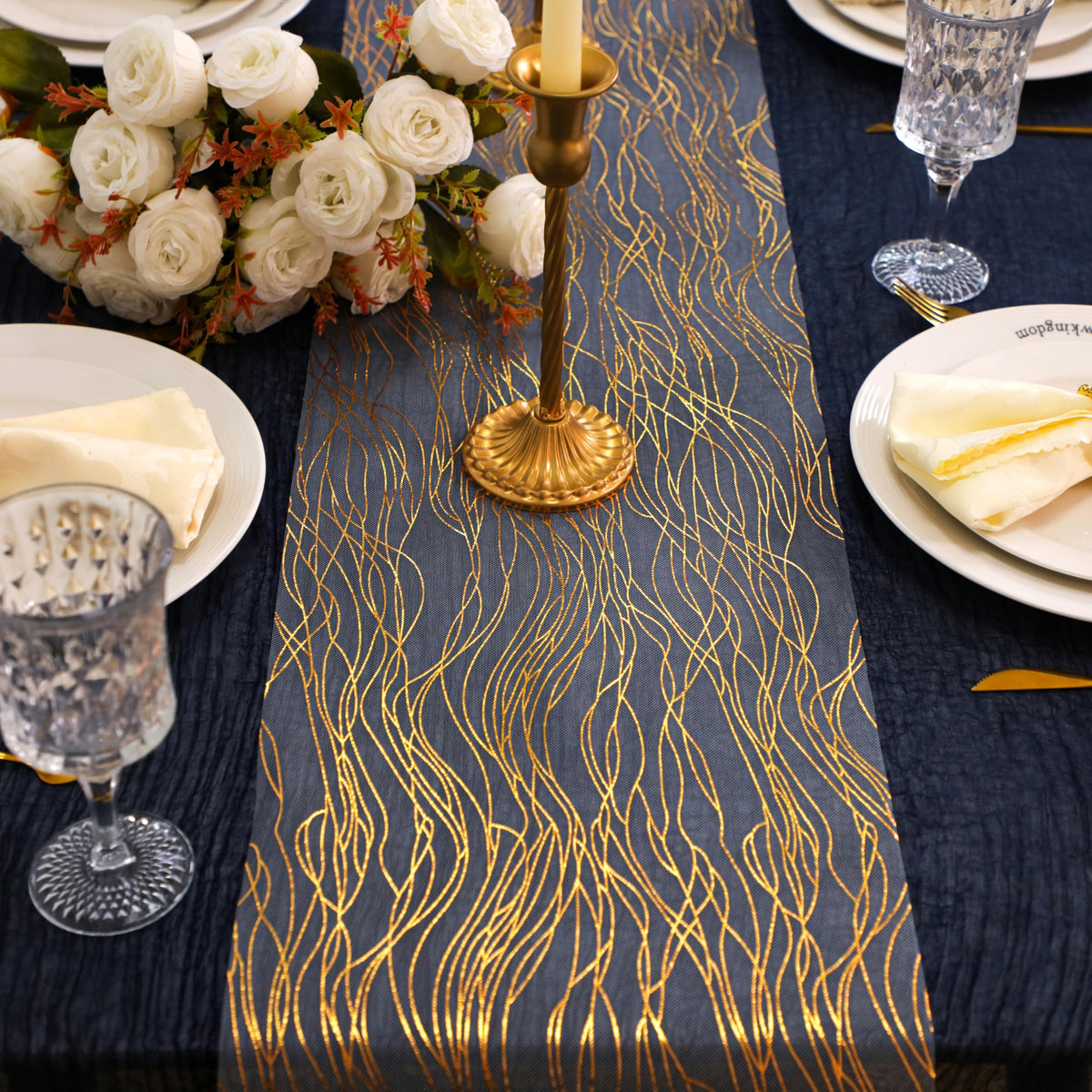 Snowkingdom 2 Pcs Gold Table Runner, Sequin Glitter Metallic Foil Thin Mesh Sparkly Runner Roll 11"x108", Gold Birthday Party Decorations, for Event Wedding Showers Christmas Thanksgiving Festive