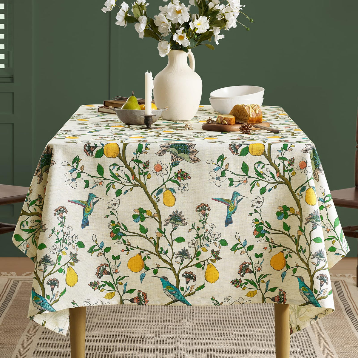 French Floral Tablecloths Rectangular Linen Table Cloth with Green Flowers
