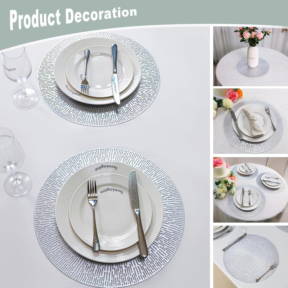 Snowkingdom Silver Round Placemats Set of 8, 15 Inch Metallic Vinyl Round Place Mats, Easy Clean Non Slip Heat Resistant Washable PVC Hollow Dining Table Mats for Wedding Party Christmas Decoration