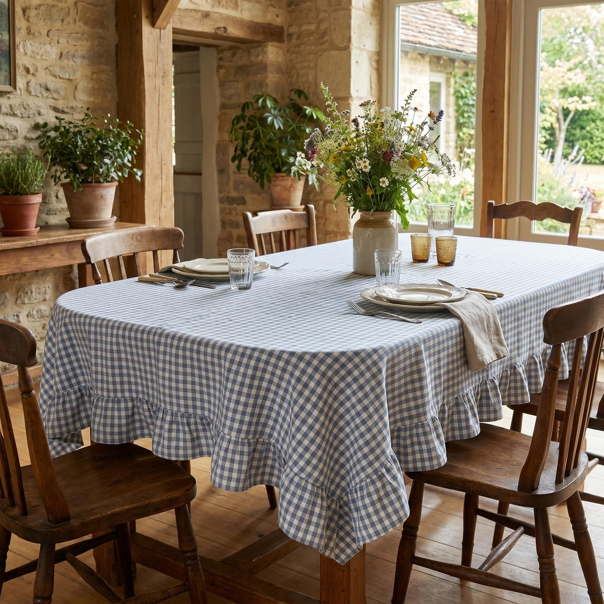 PartyDelight Gingham Ruffle Tablecloth Butter Yellow Washed Cotton Checkered Rectangular Table Cover for Farmhouse Kitchen Cute Cottagecore Birthday Party Decor, Soft Vintage (60x102 Fits 6-9 Seats)