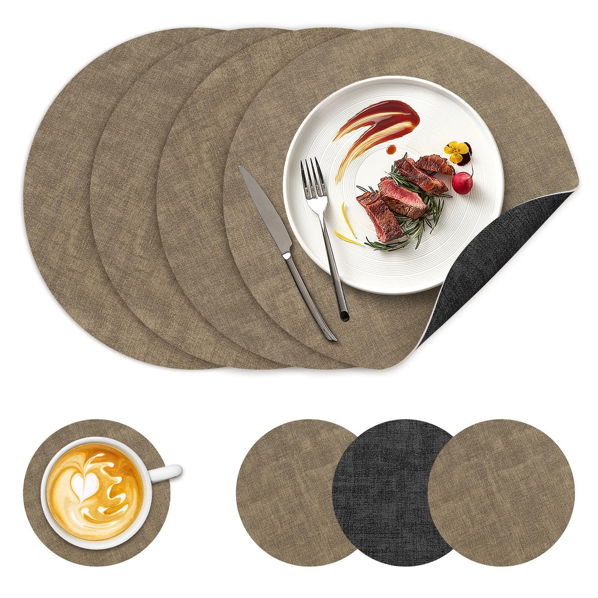 NCUE 13" Faux Leather Round Placemats Set of 6, Reversible Dual-Color