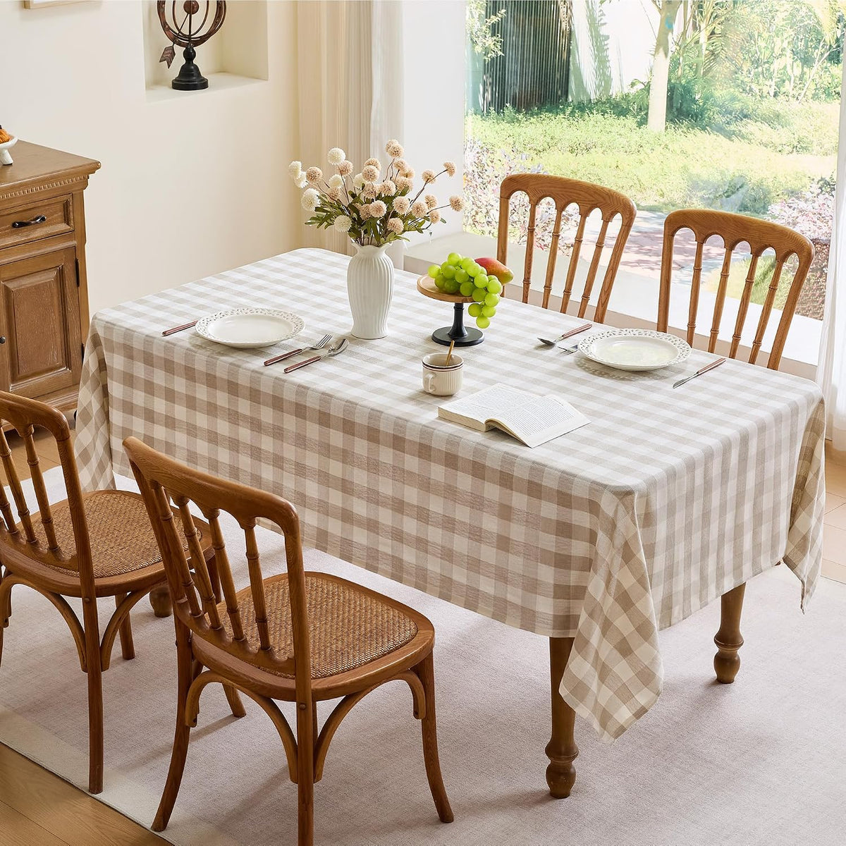 Gingham Tablecloth Rectangle, 60" x 75", Beige