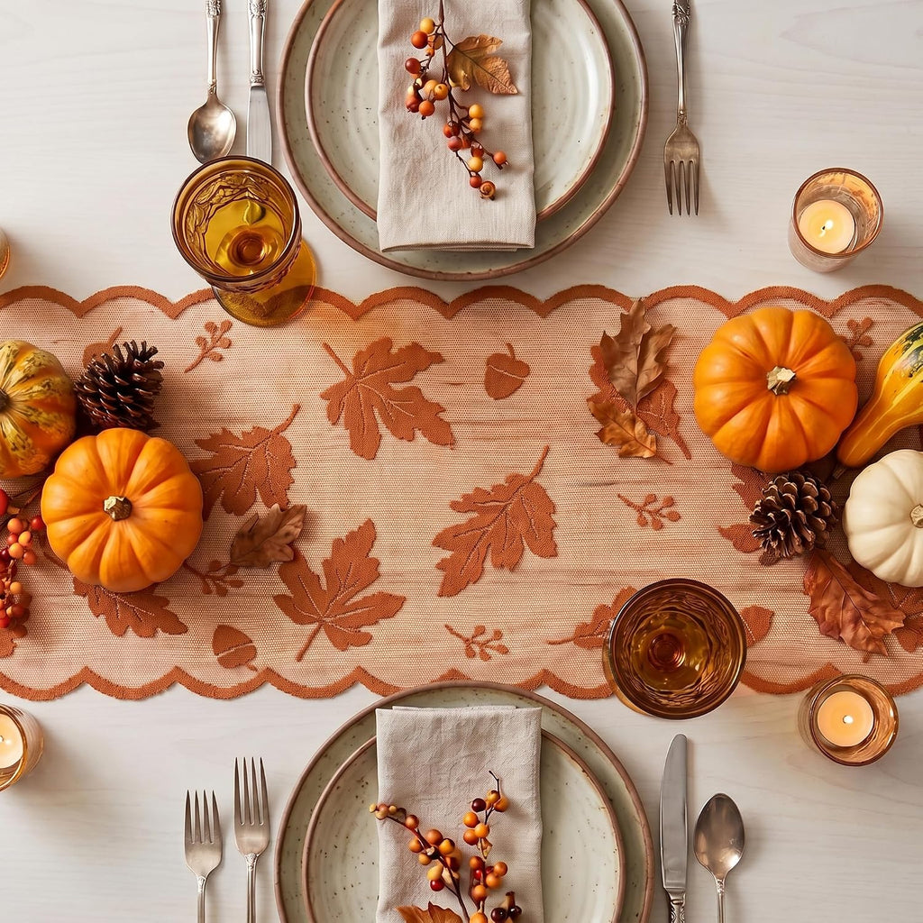 Artoid Mode Lace Jacquard Maple Leaf Fall Table Runner 13x72 Inch
