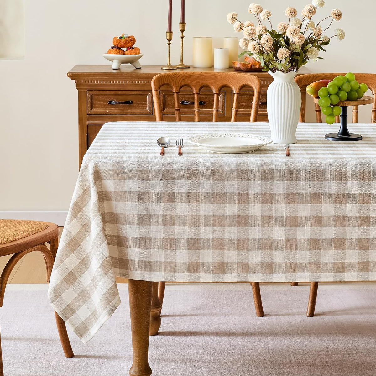 Gingham Tablecloth Rectangle, 60" x 75", Beige