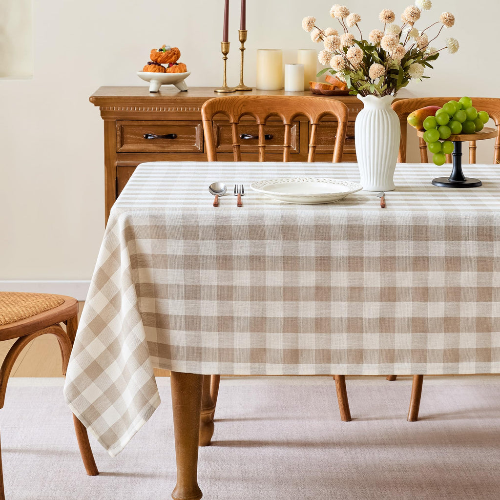 Gingham Tablecloth Rectangle, 60" x 75", Beige