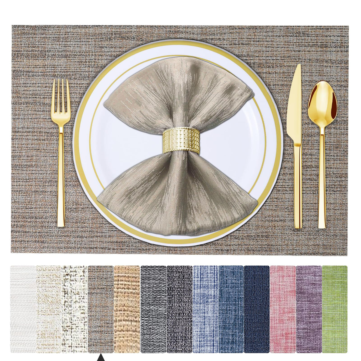BETEAM Placemats Set of 8, Woven Vinyl Place Mats for Dining Table, Gray