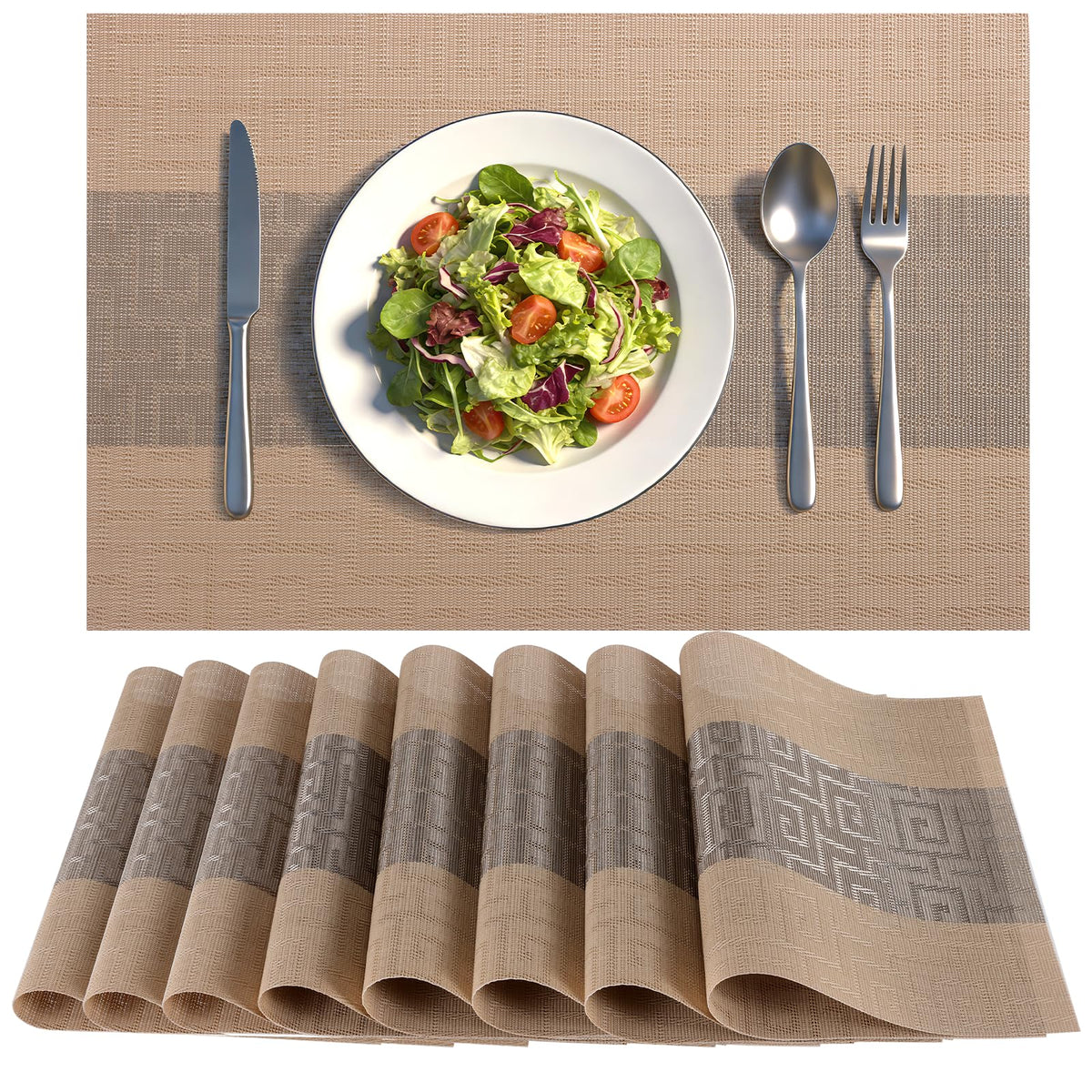 Timeet Placemats Set of 6, Heat Resistant Non-Slip Place Mats, Durable Washable PVC Vinyl Woven Table Mats, Linen Textured Table Placemats for Dining Kitchen Resistant Easy to Clean(Brown)