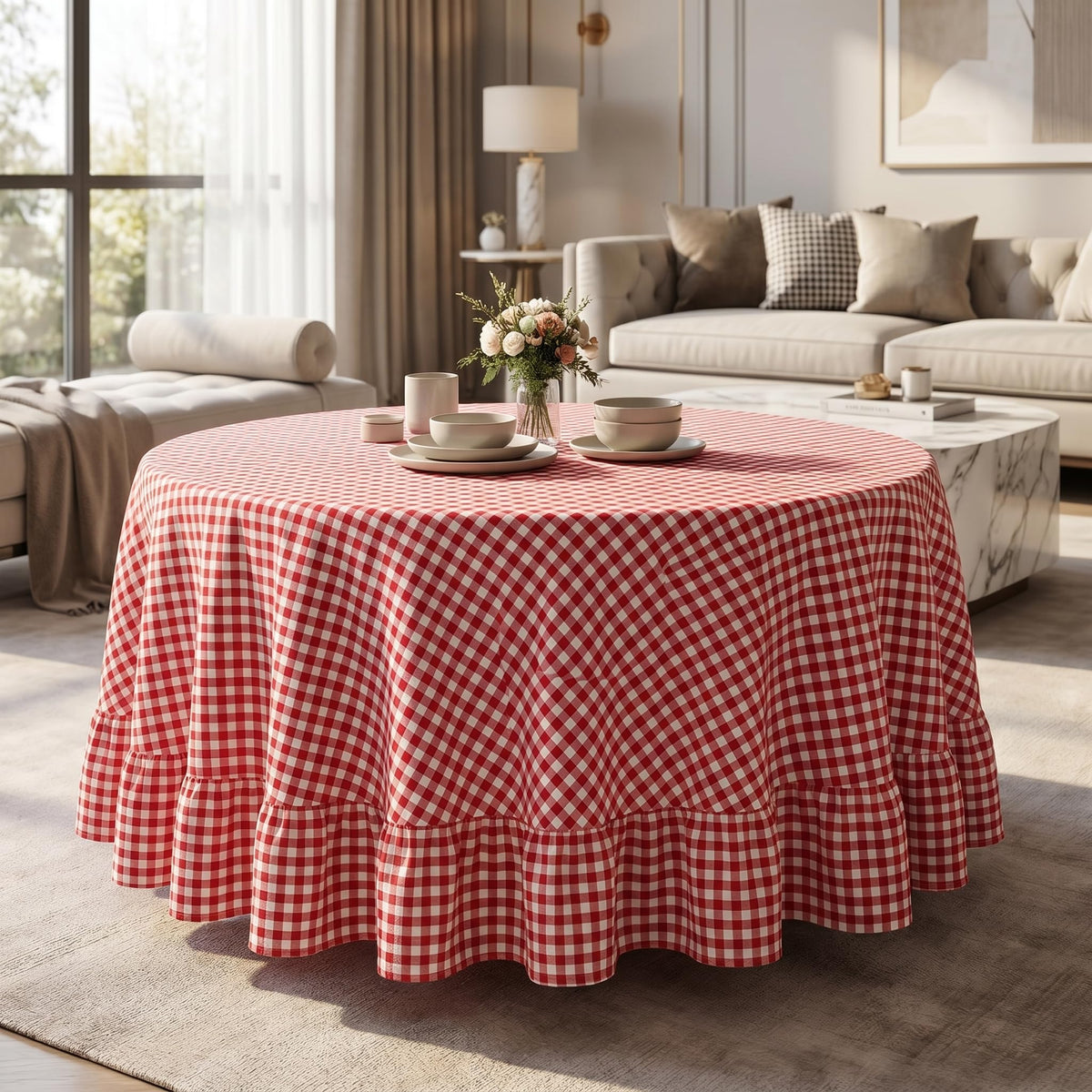 PartyDelight Gingham Ruffle Tablecloth Butter Yellow Washed Cotton Checkered Rectangular Table Cover for Farmhouse Kitchen Cute Cottagecore Birthday Party Decor, Soft Vintage (60x102 Fits 6-9 Seats)