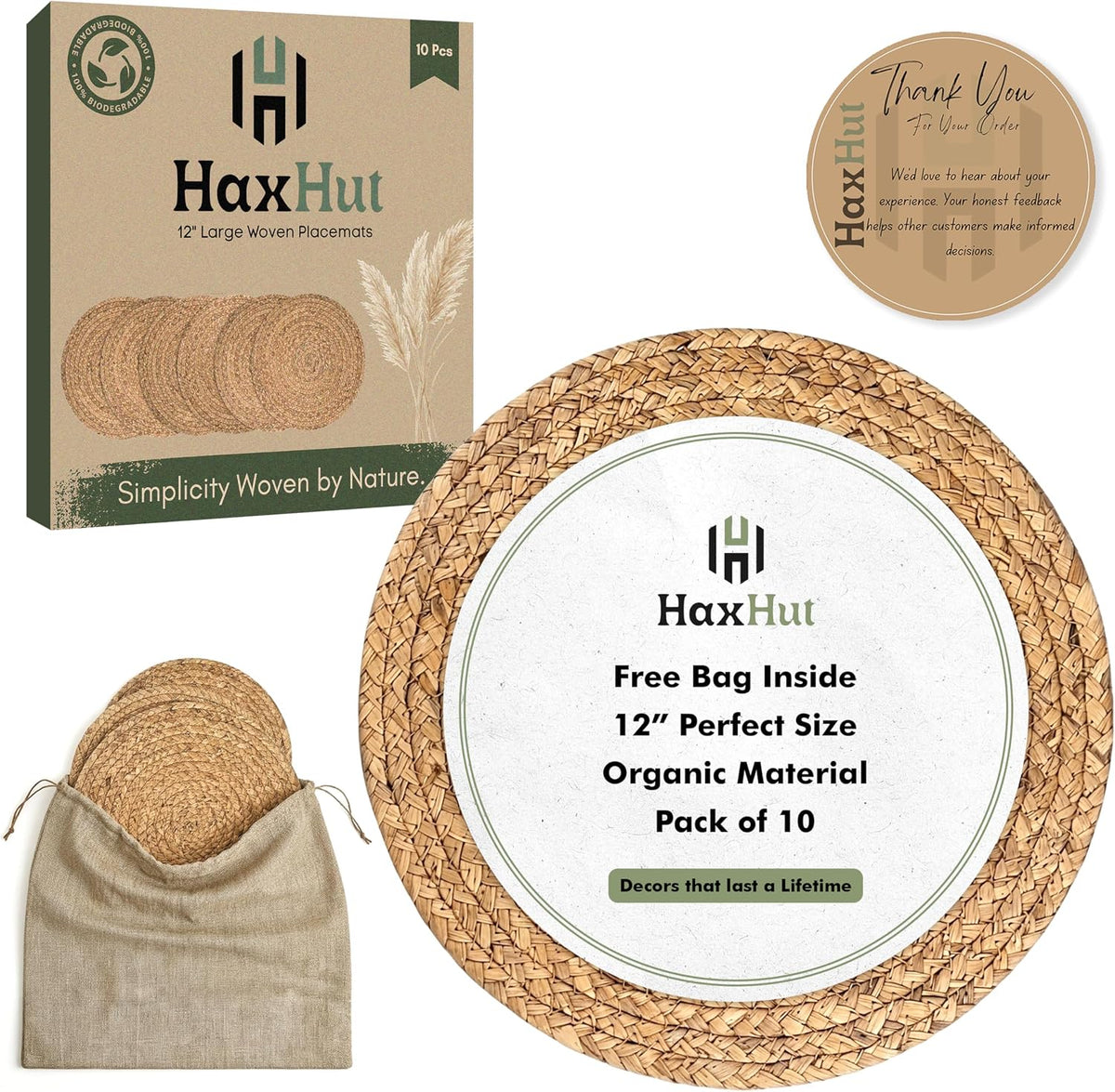 Round Woven Placemats Set of 10, Wicker Placemats for Dinner Plates | 12 Inch Natural Rattan Boho Style Braided Place Mats, Non-Slip, Heat Resistant, Dining Table Chargers with Bag for Storage
