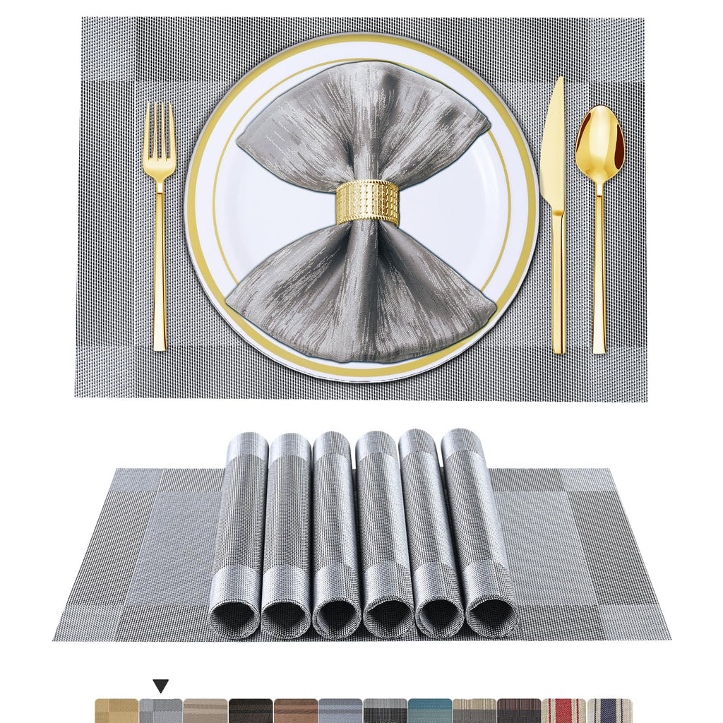 BETEAM Placemats Set of 8, Woven Vinyl Place Mats for Dining Table, Gray