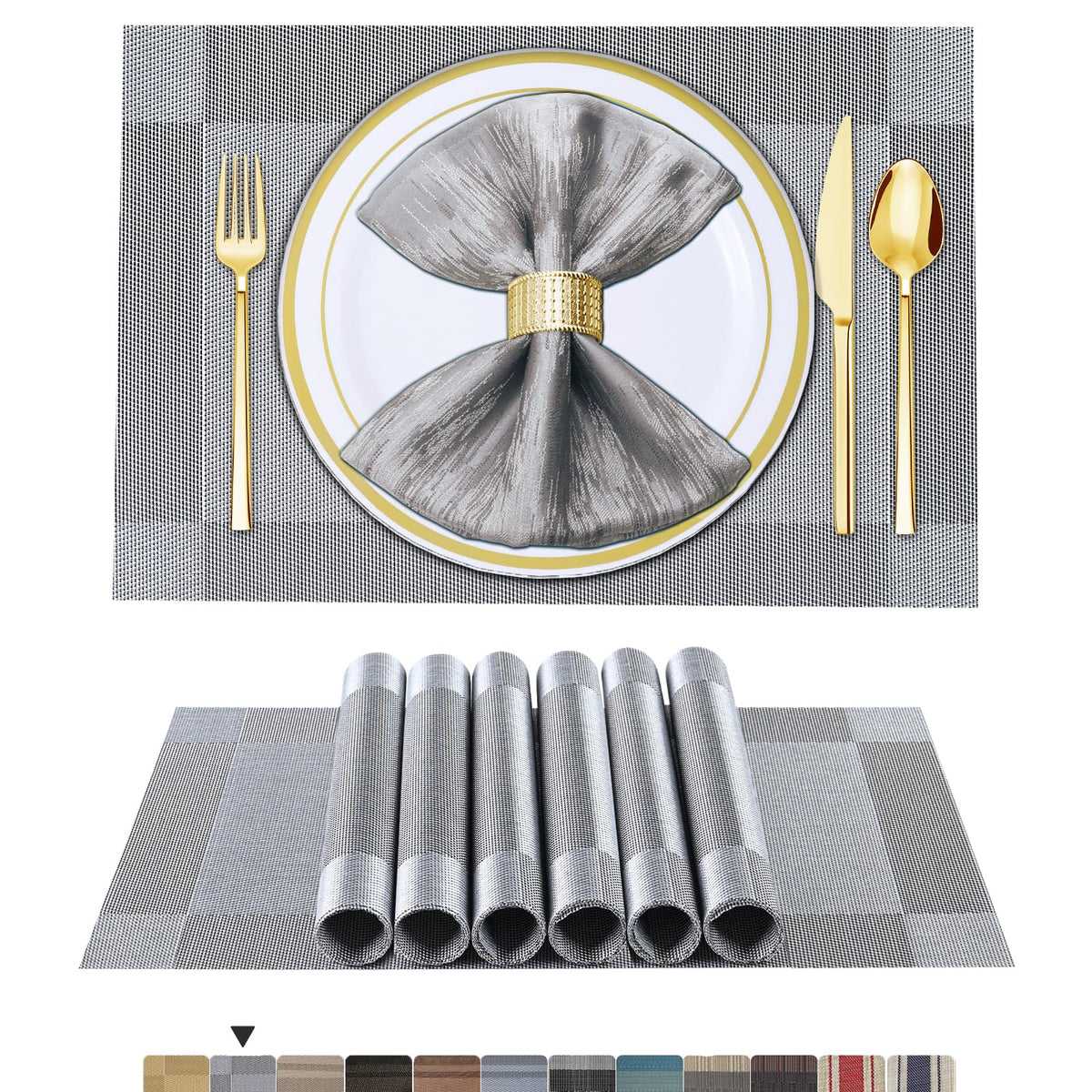 BETEAM Placemats Set of 8, Woven Vinyl Place Mats for Dining Table, Gray