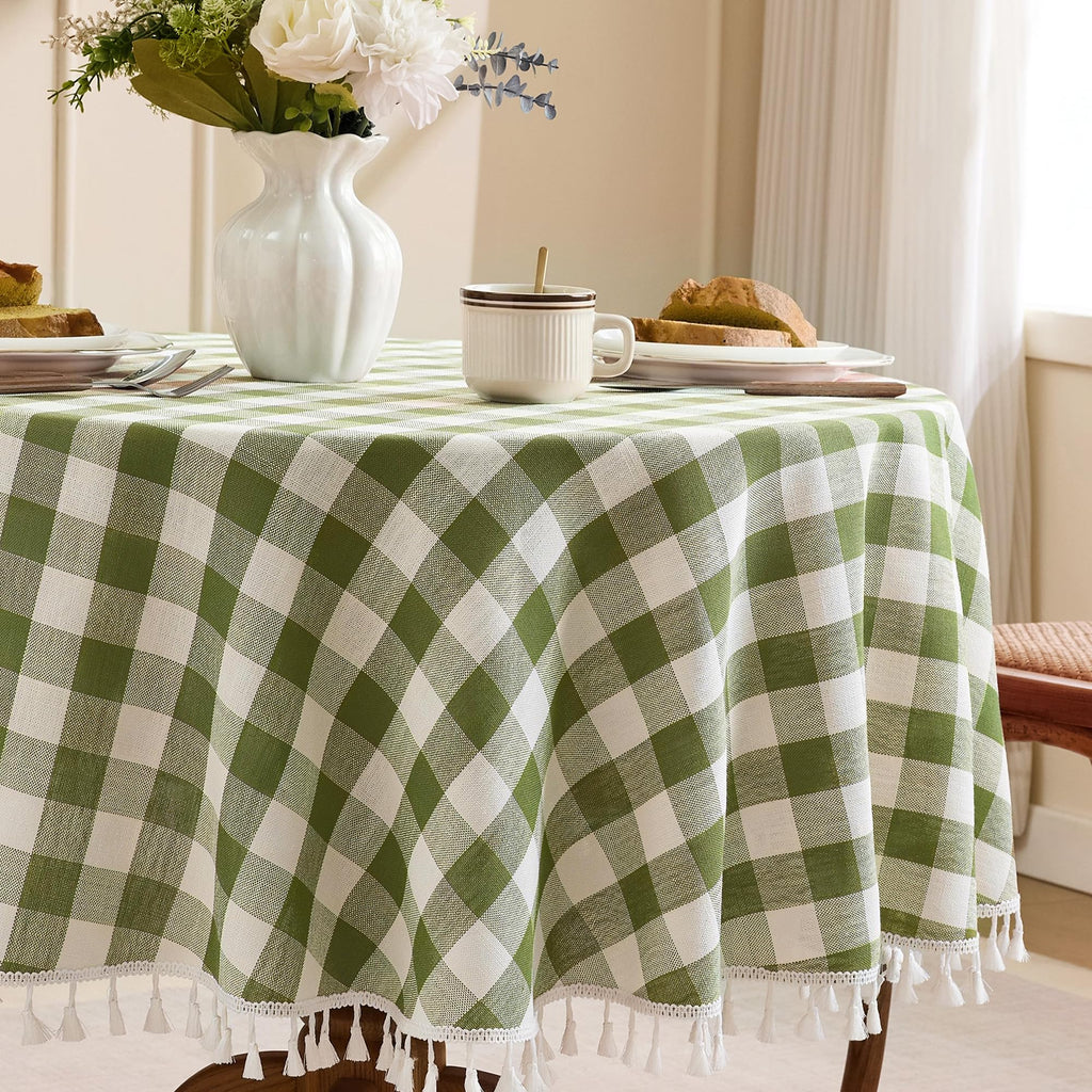 JIALE Gingham Tablecloth Rectangle Cotton Linen Fabric Checkered Table Cloth with Tassel Washable Wrinkle Free Buffalo Plaid Table Cover for Birthday Party Picnic Outdoor, Pink, 55x75