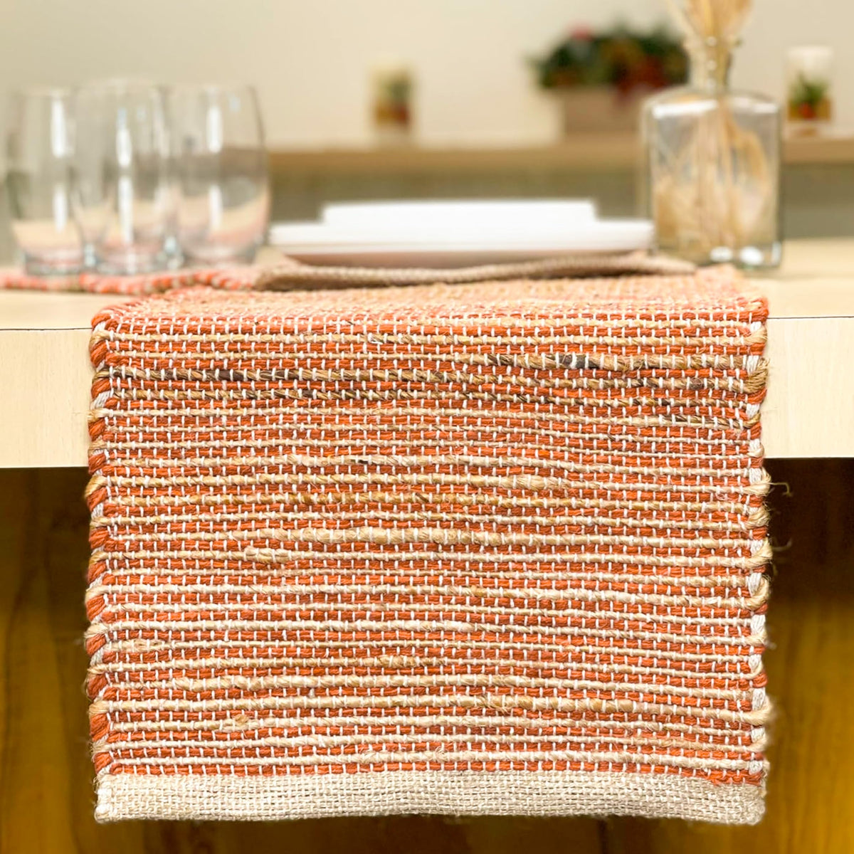 Chardin home Natural Jute Table Runner 13x108 Inch – Vintage Boho Rustic Table Decor – Handwoven Long Table Runner in Natural Jute and Black – Farmhouse Dining or Console Table Accent