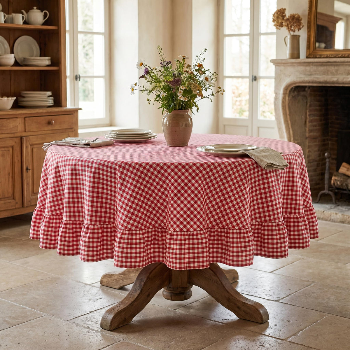 PartyDelight Gingham Ruffle Tablecloth Butter Yellow Washed Cotton Checkered Rectangular Table Cover for Farmhouse Kitchen Cute Cottagecore Birthday Party Decor, Soft Vintage (60x102 Fits 6-9 Seats)